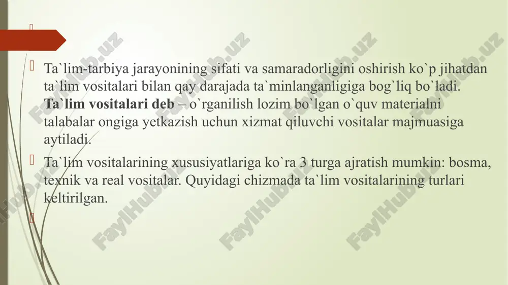 simlash rangli bo`rlarni didaktik talablarga mos kelgan holatda ishlatish ta`lim oluvchilar bilan doim «ko`z aloqasi»ni saqlab turish faqat bir tomonga emas, barcha ta`lim oluvchilarga qarab gapirish o`zlashtirish natijalarini tekshirib turish muhim bo`lgan ma`lumotlarga alohida e`tiborni yordamchi vositalar yordamida qaratish doskaning afzalliklari: arzonligi; ma`lumotlarni taqdimot qilish uchun qulayligi; yozuvlar yozish uchun ishlatilishi; asosiy punktlarni tushuntirish uchun foydalanish mumkinligi; chizma va grafiklarni chizib ko`rsatish mumkinligi; diqqatni jalb qilish uchun foydalanilishi. flipchart- doskaga juda o`xshashligiga qaramasdan, ko`pgina farqlar ham mavjud. flipchartning eng asosiy qulayligi – bu matnni o`chirmasdan yozib ketaverish imkoniyatining borligi, ya`ni joy etishmasligidan yozilgan yozuvlarni o`chirishga hojat yo`q, faqat yetarlicha qog`oz bo`lishi talab etiladi. shunday qilib, barcha fikr-mulohazalarni saqlash mumkin, hatto bir necha kundan so`ng bu qog`ozni yana osib qo`yish va munozarani davom ettirish mumkin. flipchartning boshqa qulayligi, sinfdagi devor yoki doskaga birin-ketin hamma varaqlarini yopishtirish imkoniyati hisoblanadi. butun guruh ishining natijalarini bir paytda ko`rish, taqqoslash va saqlab qolishning bunga teng …