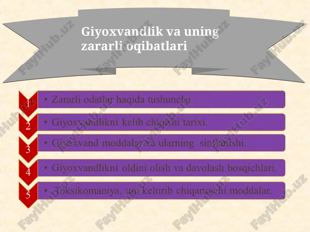’rifat va madaniyatdagi kimchiliklar; 18) inson irodasining etarli darajada emasligi; 19) va boshqa birqancha sabablar hamda salbiy ta’sirlar; ammo, xar qanday bo’lganda ham ushbu noto’g’ri yo’lga qadam bosishlikning boshlang’ich sababi shaxsning irodasini bo’shligi, kayf-safoga moyilligi va aql-farosat bilan hayotga intilmaganligi turadi. narkomanlarni davolash davolash jarayoni 3 davrda olib boriladi birinchi davr - bunda asosan bemor narkotik moddadan xoli bo’lishi kerak. bu ish to’satdan, tezlik bilan va sekin asta bajariladi. agarda narkoman yosh bo’lsa to’satdan: katta yoshdagi, qariyalar, kuchsiz bemorlar va 3 stadiya narkomanlarda - sekinlik bilan amalga oshiriladi ikkinchi davr - faollik bilan davolash. ya’ni psixoterapiya, narkotik moddaga yomon ko’z bilan qarashlik, gipnotik uxlatish yoki xushyorlik, dimog’chog’liklar bilan davolash hamda mehnat qilish bilan davolash uchinchi davr - uy sharoitida va narkologik dispanser sharoitida narkologik kabinet yordamida davolash choralarini qo’llash davom ettiruvchi davolash usuli: birinchi yili - har oyda bir marta narkologik kabinetga borish, 2 nchi yili - ikki oyda bir …
