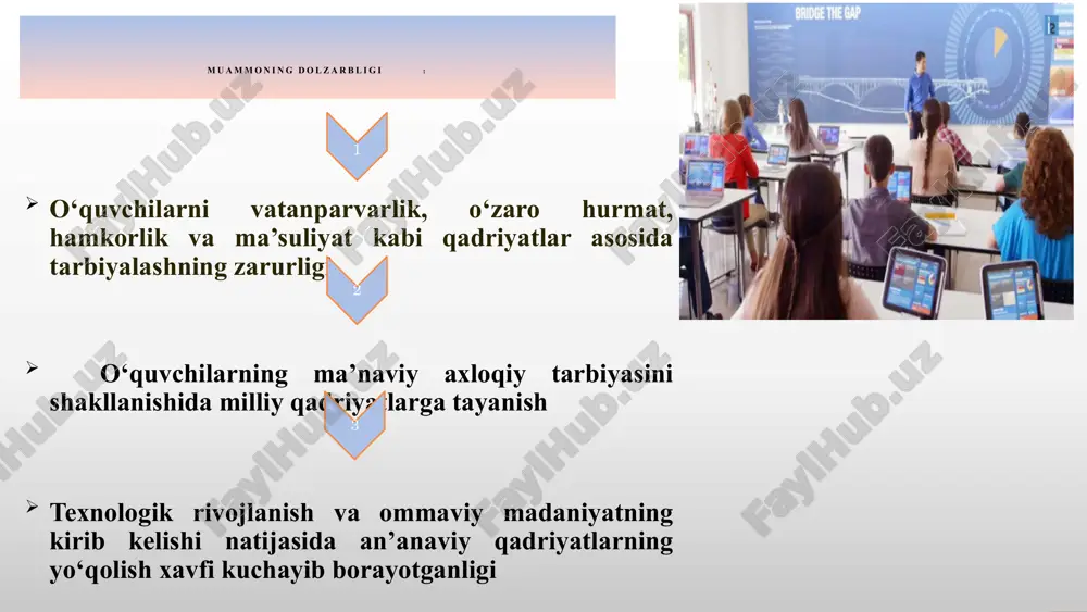 niyati dasturi asosida o‘quvchilarda jamoaviy ma’suliya va o‘zaro yordam tushunchasi rivojlantiriladi. maktab hayotida axloqiy va ijtimoiy qadriyatlar doimiy ravishda singdiriladi ta’lim muassasasida internet madaniyati va digital etikani o‘quv dasturlariga kiritish mavzuning qiyosiy tahlil etilganligi 9 xulosa maktab qadriyatlarini shakillantirish orqali o‘quvchilarning nafaqat ta’lim darajasi balki ma’naviy, ijtimoiy va madaniy solahiyati ham yuksaladi. bu esa ularni nafaqat bilimli balki axloqiy jihatdan barkamoi, jamiyat ushun foydali shaxs sifatida tarbiyalashga hizmat qiladi. 10 taklif maktab qadriyatlari shakillantirish bo‘yicha milliy dastur ishlab chiqilishini yanada takomillashtirish maktablarda “qadriyatlar haftaligi”ni joriy qilish axloqiy va raqamli madaniyat bo‘yicha maxsus onlayn platforma joriy qilish zarurligi 11 chora-tadbirlar rejasi t/r muammo muammoning yechimini amalga oshirish mexanizmi mas’ullar muddati kutilayotgan natija 1 maktab o’quvchilarining ijtimoiy tarmoqlarda foydalanish qoidalarini bilmasligi,sababli kiberxavfsizlik xatarlari kuchayib borayotganligi o‘quv dasturiga onlayn xavfsizlik, onlayn axloq, feyk yangiliklarni ajratish, onlayn muloqat madaniyatini o‘rgatish kabi mavzularni qo‘shish choralari ishlab chiqish zarur maktab ma’muriyati o‘quv yili boshida maktabda o’quvchilar …