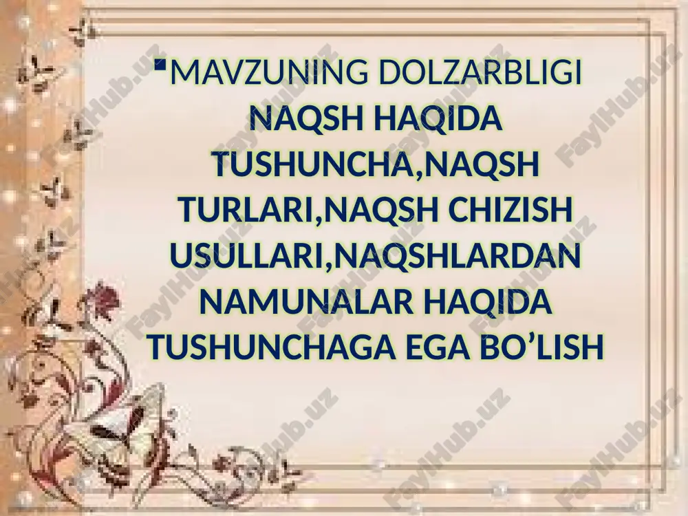 arini shakllantirish) aniqlash. o'quv materialining mazmunini belgilashda o'quvchilarning yosh xususiyatlarini hisobga olib, dars materialining hajmi va murakkabligini belgilash. o'quv materialining mazmunini tevarak-atrof bilan bog'lash, o'tilgan materiallarni amaliy mashg'ulotlar bilan bog'lash; o'quvchilarni mustaqil ijodiy ishlarining tizimini aniqlash, darsning jihozi hamda asosiy adabiyotlar manbalarini belgilash. darsning didaktik va tarbiyaviy vazifalarini aniqlash. amaliy ijodiy ishlarini kompozitsiya jihatdan murakkabligi o'quvchilarning yosh xususiyatlarini, fazilatlarini hisobga olgan holda mos bo'lishi kerak. o'quv materialining mazmuni va didaktik maqsadlariga mos keladigan ta'lim metodi va usullarini tanlash. didaktik vazifalar darsning o'zida bajarilishi. o'quv materialining mazmunini rejalashtirish vaqtida dastur doirasidan chiqmaslik. naqsh so’zi arabcha so’z bo’lib “gul, tasvir “ degan ma’noni bildiradi. har qanday naqsh kompozitsiyasi ham naqsh elementlaridan tashkil topadi bular ya’ni gullar, barglar, o’ramalar va hokazolar. www.aim.uz www.aim.uz naqshlar 3 turga bo’linadi. ular: 1.islimiy naqshlar 2.geometrik naqshlar 3.murakkab naqshlardir. doiraviy naqshlar simmetrik bo’lib hisoblanadi shuning uchun doiraviy naqshning kompozitsiyasiga qarab bo’laklarga bo’lib olamiz. www.aim.uz www.aim.uz www.aim.uz o'quvchilar bilan …