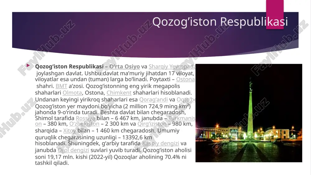 ti 2012-yilda 86,4 milliard dollarga yetgan. keyinchalik, 2015-yilda qozogʻiston eksportining qiymati 2014-yilga nisbatan qariyb ikki baravar kamaydi. eksportning xuddi shunday keskin pasayishi faqat 2009-yildagi inqiroz yilida kuzatildi. 2016-yilda eksport oʻz pasayishini davom ettirdi va uning hajmi 2007-yil darajasidan pastga tushdi. 2011-yildan 2013-yilgacha eksport koʻrsatkichi darajasi deyarli oʻzgarmadi. qozogʻiston respublikasi tovarlari eksporti 2016-yil yakuni boʻyicha 36,8 milliard aqsh dollarini tashkil etdi. oʻzbekiston — qozogʻiston munosabatlari — izchil rivojlanmoqda. qozogʻiston oʻzbekistonning muhim savdo sheriklaridan biri boʻlib, oʻzbekiston respublikasi bilan markaziy osiyo davlatlari oʻrtasida ayirbosh qilinadigan mahsulotlarning yarmi uning hissasiga toʻgʻri keladi. shunga qaramasdan, ikki davlat oʻrtasida savdo-iqtisodiy munosabatlarni yanada rivojlantirish uchun ishga solinmagan imkoniyatlar koʻpdir. qozogʻiston bilan ikki tomonlama hamkorlik, shubhasiz, mintaqada barqarorlikni taʼminlash va dolzarb masalalarni birgalikda va samarali hal etishga xizmat qiladi. 2005-yilgacha ikki davlat oʻrtasida ikki tomon uchun ahamiyatli boʻlgan 166 hujjat imzolangan. 2004-yil oʻzbekiston respublikasi bilan qozogʻiston oʻrtasidagi tovar aylanmasi 425,9 mln. aqsh dollarini, jumladan, eksport 184,7 mln. …