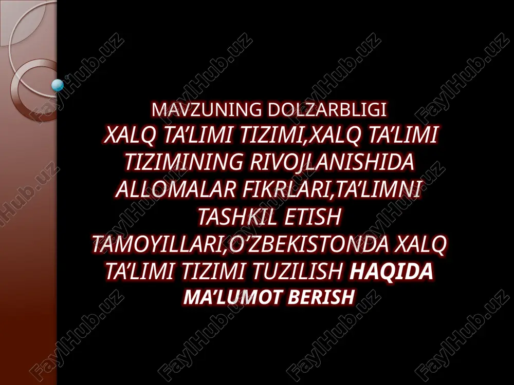 ta’lim negizida o’quvchilarni maxsus bilim yurtlarida mutaxassislikka tayyorlashda jiddiy yutuklarga erishildi. uzluksiz ta’lim tizimi barcha ta’lim boskichlarining istikbolli bo’lishiga, ta’limni demokratiyalashtirish va insonparvarlashtirishga, ta’limni mexnat tarbiyasi bilan bog’liq xolda olib borishga, o’quv fanlarni integratsiyalashtirishga yordam berdi. xalq ta’limi tizimi deb muayyan mamlakatning ichki va tashqi kamolotiga ta’sir ko’rsatuvchi hamda ma’lum qoidalar asosida tashkil etilgan barcha ta’lim tarbiya muassasalarining tuzilishiga aytiladi. o’zbekiston xalq ta’limi tizimi respublikamizni ijtimoiy- iqtisodiy va madaniy rivojlantirishning ustuvor sohasi hisoblanadi. xalq ta’limi tizimining rivojlanishida allomalar fikrlari. xalq donishmandlari, elimizning buyuk mutafakkirlari - farobiy va beruniy, ulug`bek va navoiy, zavqiy va furqat, hamza va avaz o`tar, a.qodiriy va a.avloniy faqat maorif va madaniyat orqali inson va davlatning kelajakda gullab yashnashini o`sha davrlarda ko`ra oldilar. ulug`bekning mashxur madrasasi peshtoqiga "ilm olish har bir erkak va ayol musulmon uchun ham qarz, ham farzdir" degan iboralar yozib qo`yilgan edi. xalq ta`limida muhim o`rin egallagan umumiy ta`lim maktablari respublikamiz hayoti bilan mustahkam …