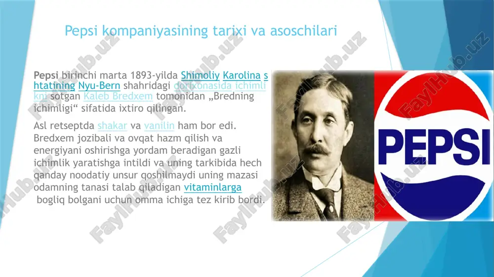 2001-yilgacha ijrochi direktor[17]. stiven reynmund (inglizcha: steven reinemund, b. 1948ʻyil 6-aprel) - 2001-yildan 2006-yilgacha boshqaruv raisi va bosh ijrochi direktor[18]. indra nooyi (inglizcha: indra nooyi - 2007ʻyildan 2019-yilgacha pepsico direktorlar kengashi raisi, 2006-yildan 2018-yil oktabrigacha bosh ijrochi direktor lavozimida ham ishlagan; 2000-yildan beri u bosh moliya direktori, 2001-yildan - kompaniya prezidenti, 1994-yildan pepsico. 2015-yil aprel oyidan boshlab, shuningdek, schlumberger direktorlar kengashi aʼzosi kompaniyaning raqobat strategiyasi. ma’lumki, aqshning turli yirik kompaniyalari o‘zaro raqobatda ishlaydi. shu jumladan pepsico va aqshning yana bir yirik kompaniyasi coca-cola company dunyo bo‘ylab o‘zaro raqobatda ishlagan. raqobatni yengish va coca cola kompaniyasidan ustunlikka erishish maqsadida 1988 yildan boshlab sovet telekanallarida pepsi sola reklamasi berila boshlanadi. ilk reklama roligida o‘sha paytda endi mashhur bo‘la boshlagan maykl jyekson suratga tushgan edi. pepsi kompaniyasi xodimlarining oylik maoshlari haqida. ombor xodimi – 24,30 $ ombor tanlovchisi – 24 $ ehtiyot qismlar xonasi koordinatori – 30 $ ombor xodimi – 25,55 $ …