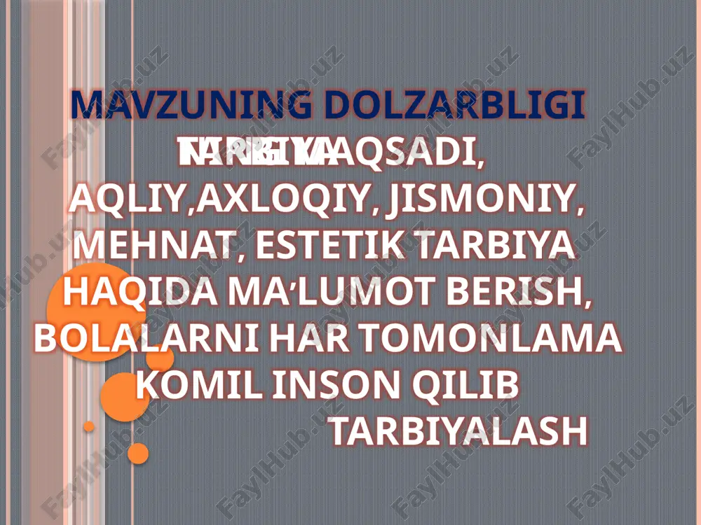dda jamiyatimizda qabul qilingan odob-axloq qoidalariga mos keladigan e'tiqodni, axloqiy malaka va ko'nikmalami, ehtiyoj va intilishlarni tarkib toptirishdan iborat. tarbiyaslumos olim abdulla avloniy o'zining „turkiy gulis-ton yoxud axloq" asarida inson kamolotida tarbiyaning o'rnini alohida ta'kidlab, shunday degan edi: „janobi haq insonlarning asl xilqatda iste'dod va qobiliyatli, yaxshi ila yomonni, foyda ila zararni, oq ila qorani ayiradigan qilib yaratgan. lekin bu insondagi qobiliyatni kamolga yetkazmoq tarbiya vositasida bo'ladir. agar bola yaxshi tarbiya topib, buzuq xulqdan saqlanib, go'zal xulqlarga odatlanib katta bo'lsa, baxtiyor bir inson bo'lib chiqadi. agar tarbiyasiz, axloqi buzilib o'ssa, nasihatni qulog'iga olmaydigan, har xil buzuq ishlarni qiladigan nodon, johil, bir rasvoyi odam bo'lib chiqadi". axloqimiz binosining go'zal va chiroyli bo'lishida tarbiyaning ta'siri kattadir. yuqorida biz, tarbiyadan maqsad — barkamol insonni tarbiyalash, degan edik. xo'sh, barkamol inson deganda kimlarni tushunmoq kerak?sharqona tarbiya ming yillar mobaynida islomiy axloq qoidalari asosida tarkib topib borgani tarixdan ma'lum. qur'oni karim oyatlari, payg'ambar alayhissalom hadislari, …