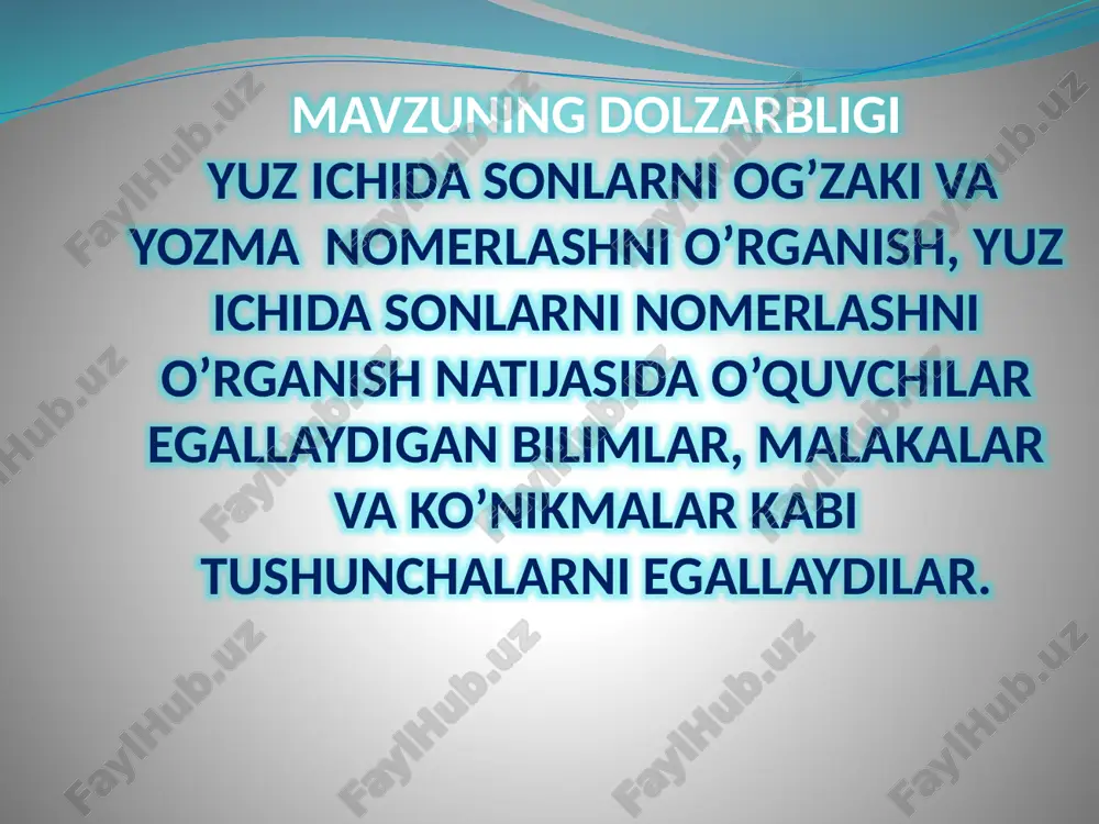chish; matnli masalalar haqida tushuncha, uning mazmunini tahlil qilish, ularni turli usullarda yechish malakalarini egallash, egallangan bilimlarni ijtimoiy faoliyatda qo’llash; ”ulush”, ”kasr” tushunchasining ma’nosini bilish, ularni yoza olish, sonning ulushini va ulushga ko’ra sonni topish; ”sonli ifoda” tushunchasini o’zlashtirish, sonli ifodaning qiymatini topishni bilish, o’zgaruvchili ifodalar haqida tushuncha, sonli tenglik va sonli tengsizliklar va ularning xossalarini bilish; murakkab sonli ifodalarning qiymatini topish; tenglik va tengsizliklar haqida tushunchaga ega bo’lish va ularni yecha olish; kattaliklar (mahsulot narxi, miqdori va qiymati, to’g’ri chiziqli harakatda masofa, tezlik va vaqt) orasidagi bog’lanishlarga oid masalalar yecha olish; kattaliklar va ularni o’lchash, uni masalalar yechish jarayonida qo’llash; geometrik shakllar bilan tanishish, ularga mos nomlarni bilish, bu shakllarni bir-biridan farqlay olish, geometrik shakllarni yasay olish. yosh avlodni hozirgi zamon fani asoslari bilan kurollatirish orkali ularning akliy jixatdan maksimal darajada rivojlanishlariga erishish umumta’lim maktablari oldida to’rgan eng muhim vazifalardan biridir. matematika o’qitishni metodikasi yoki didaktika matematika tarbiyashunoslik pedagogika …