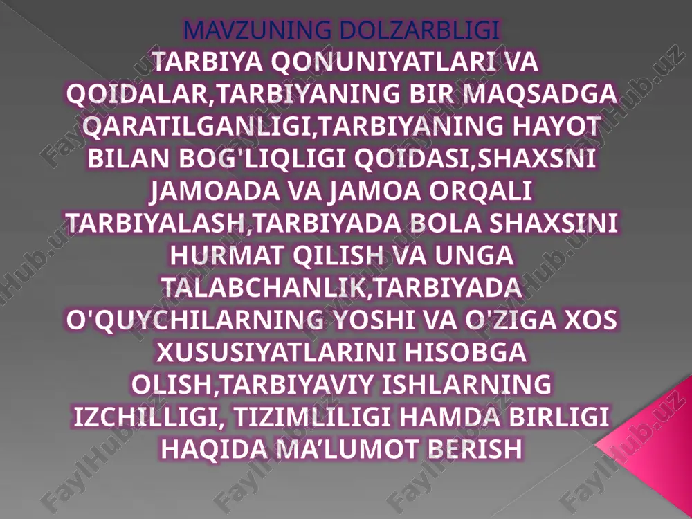 axshi ila yomonni, foyda ila zararni, oq ila qorani ayiradigan qilib yaratgan. lekin bu insondagi qobiliyatni kamolga yetkazmoq tarbiya vositasida bo'ladir. agar bola yaxshi tarbiya topib, buzuq xulqdan saqlanib, go'zal xulqlarga odatlanib katta bo'lsa, baxtiyor bir inson bo'lib chiqadi. agar tarbiyasiz, axloqi buzilib o'ssa, nasihatni qulog'iga olmaydigan, har xil buzuq ishlarni qiladigan nodon, johil, bir rasvoyi odam bo'lib chiqadi". har bir ishning o'ziga xos, ma'lum qonun-qoidalari bo'lgani- dek, bola tarbiyasining ham o'ziga xos bir qator muhim qonun- qoidalari borki, ularga amal qilish tarbiya ishining samarali bo'iishini ta'minlaydi, chunonchi: tarbiyaning bir maqsadga qaratilganligi; tarbiyaning hayot, mehnat bilan, o'zbekistonimizning mustaqilligi, gullab-yashnashi yo 'lida qilinayotgan fidoyi ishlar bilan bog'lanish; shaxsni jamoada, jamoa orqali tarbiyalash; tarbiyada bola shaxsini hurmat qilish va unga talabchanlik; tarbiyaviy ishlarning izchilligi, muntazamligi hamda birligi; tarbiyada o 'quvchilartting yoshi o 'ziga xos xususiyatlarini hisobga olish. tarbiyaning bir maqsadga qaratilganligi tarbiya maqsadini belgilashda jamiyat talablari, davr nafasi, milliy xususiyatlar asos qilib …
