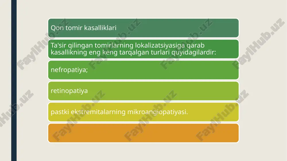 ki kompyuter tomografiya tekshiruvi buyurilishi mumkin. to'g'ri rasmni olish uchun bemorga ko'pincha kontrast modda yordamida bunday tekshiruvdan o'tish tavsiya etiladi, bu tasvirning ravshanligini oshiradi. siydikni umumiy tahlil qilishda nefropati bilan, ko'pincha jiddiy tashhis qo'yish uchun sabab bo'lgan o'zgarishlar tez-tez uchraydi. ultratovush, rentgen, mri yordamida buyraklardagi qon tomir kasalliklarini aniqlang. retinaning holatini va retinopatiyani erta aniqlash uchun bemor oftalmolog tomonidan muntazam tekshiruvdan o'tishi kerak. konsultatsiya va tekshiruvdan tashqari, shifokor tez-tez ko'z apparatini tekshirish uchun instrumental usullardan foydalanadi, uning asosida u patologik o'zgarishlarning mavjudligi yoki yo'qligi to'g'risida xulosa chiqaradi. davolash qandli diabetda mikroangiopatiyani davolash patologik jarayonning lokalizatsiyasiga bog'liq. retinopatiyaning boshlanishini, oyoq tomirlari yoki nefropatiya bilan bog'liq muammolarni to'xtatish juda qiyin, ammo ularning rivojlanishini biroz sekinlashtirish mumkin. tanadagi barcha qon tomir kasalliklarini davolashning asosiy tarkibiy qismlari qon shakarini maqsadli darajada ushlab turish va parhezga rioya qilishdir. busiz, biron bir mahalliy protsedura va yordamchi dori-darmonlar yordam bermaydi yoki doimiy natijaga olib kelmaydi. ko'zning to'r …