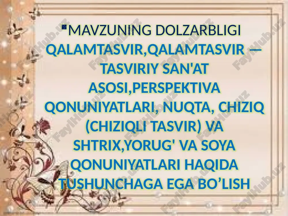 miy didaktik maqsadni (yangi tasviriy san'at atamalarini, tushunchalarni o'zlashtirish, amaliy ko'nikma va malakalarini rivojlantirish, samarali ish metodlarini shakllantirish) aniqlash. o'quv materialining mazmunini belgilashda o'quvchilarning yosh xususiyatlarini hisobga olib, dars materialining hajmi va murakkabligini belgilash. o'quv materialining mazmunini tevarak-atrof bilan bog'lash, o'tilgan materiallarni amaliy mashg'ulotlar bilan bog'lash; o'quvchilarni mustaqil ijodiy ishlarining tizimini aniqlash, darsning jihozi hamda asosiy adabiyotlar manbalarini belgilash. darsning didaktik va tarbiyaviy vazifalarini aniqlash. amaliy ijodiy ishlarini kompozitsiya jihatdan murakkabligi o'quvchilarning yosh xususiyatlarini, fazilatlarini hisobga olgan holda mos bo'lishi kerak. o'quv materialining mazmuni va didaktik maqsadlariga mos keladigan ta'lim metodi va usullarini tanlash. didaktik vazifalar darsning o'zida bajarilishi. o'quv materialining mazmunini rejalashtirish vaqtida dastur doirasidan chiqmaslik. qalamtasvir qalam va rangtasvir pedagogika kollejlarida o`rganiladigan maxsus o`quv fanlaridan biri bo`lib, uning asosiy maqsadi, jismlarning o`ziga qarab rasm chizish, o`quvchilar fikrlash jarayonini va kuzatishini maqsadga muvofiq holda olib borish, ularni tahlil qila bilish kabi jihatlarni o`rgatadi. qalam va rangtasvir o`z mohiyati va …