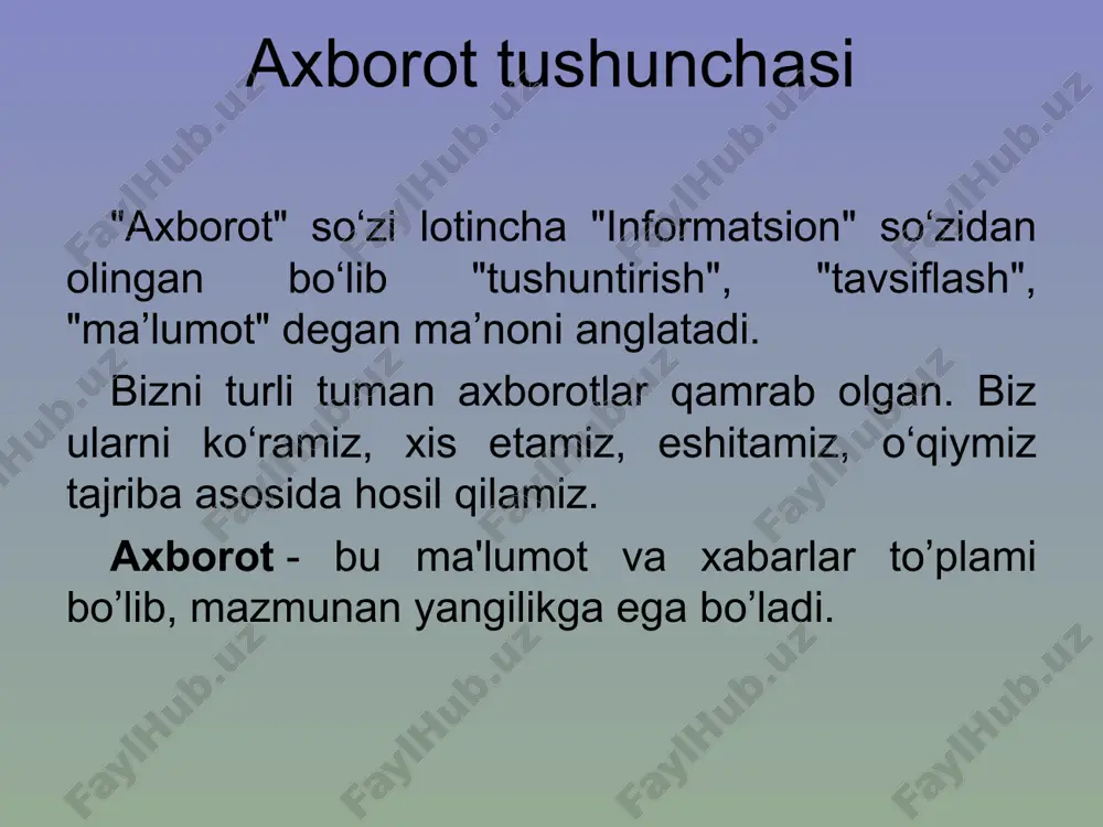 xborotda bilimning kommunikativ «boshqa vositalar» o’rtasidagi bog’liqlik xususiyati borligini ko’ramiz. jamiyatda odamlar o’rtasidagi aloqa faktori bo’limlar o’rtasidagi «ko’prik» - bu axborotdir. demak, bilimni «o’zi uchun» axborotga aylantirish mexanizmi axborotli muxitini vujudga keltirishda aloxida o’rin egallaydi. jamiyatni axborotlashtirish, yangi axborot texnologiyalari bilan ta’minlash insonlarning turli-tuman ma’lumotlarga bo’lgan ehtiyojini qondirishda muxim o’rin tutadi. kommunikatsion texnologiyalar www – gipermatnli hujjatlar bilan ishlashni amalga oshiradigan butun dunyo bo'ylab internet e-mail – elektron pochta usenet, news – telekonferensiyalar, yangiliklar guruhlari, xabarlar taxtasi ftp – fayllarni uzatish xizmati icq – real vaqtdagi aloqa mobil internet - telefon va kompyuter tarmog'i orqali ma'lumot almashish elektron tijorat - xosting, reklama, internet-do'kon va hk. - bu kompyuter tarmoqlaridan foydalangan holda ma'lumotlarni uzatish texnologiyalari