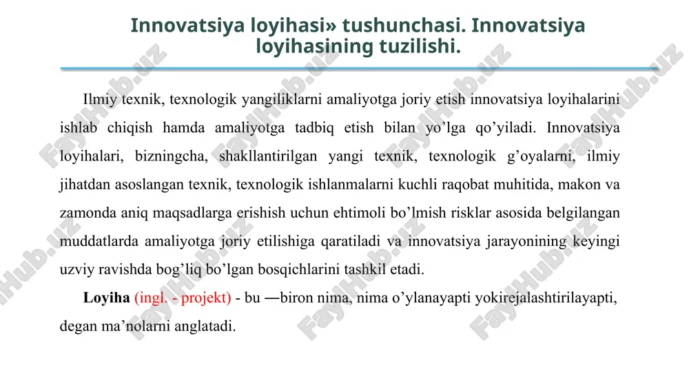 b qo’yilishi mumkin; 3. ilmiy-texnik loyihalarda axborot investitsiyaviy loyihalarga qaraganda ko’proq cheklanganligi va mos emasligi bilan farq qiladi. bu esa mustaqil ekspertlarning loyihalarini baholash bo’yicha fikrlarini korrelyatsiyalashni nihoyatda qiyinlashtiradi; 4. innovatsiya loyihalari ko’p mezonliligi va yuqori darajali mavhumliligi bilangina farq qilmasdan, balki sifatli baholash bo’yicha ham farqlanadi. bizning nazarimizda, har qanday innovatsiya loyihasi uch tomonlama, ya’ni birinchidan, innovatsiya loyihasini tadbiq etish uchun zarur bo’lgan turli moliyaviy resurslar narxlari bilan, ikkinchidan, jami safarbar etiladigan kapital qiymati, bozor munosabatlari talabidan kelib chiqib, tadbiq etilish vaqt birligi bilan, uchinchidan, qo’yilgan maqsadga erishish ichki kuchi bilan cheklanadi. bular bilan bir qatorda innovatsiya loyihalari tadbiq etilishi jarayonida ehtimoli bo’lmish risklarni boshqarishni ham talab etadi. har qanday investitsiya loyihalari kabi innovatsiya loyihalari to’rt bosqichdan iborat bo’lmish hayotiy tsiklga, ya’ni investitsiya oldi, investitsiya va ekspluatatsiya hamda likvidatsiya (tugallanish) bosqichlaridan iborat hayotiy tsikllarga egadirlar. innovatsiya loyihasi xususiyatlariga qarab, qayd etilgan to’rt bosqichda investitsiyalar turli nisbatda shakllanadi va turli …