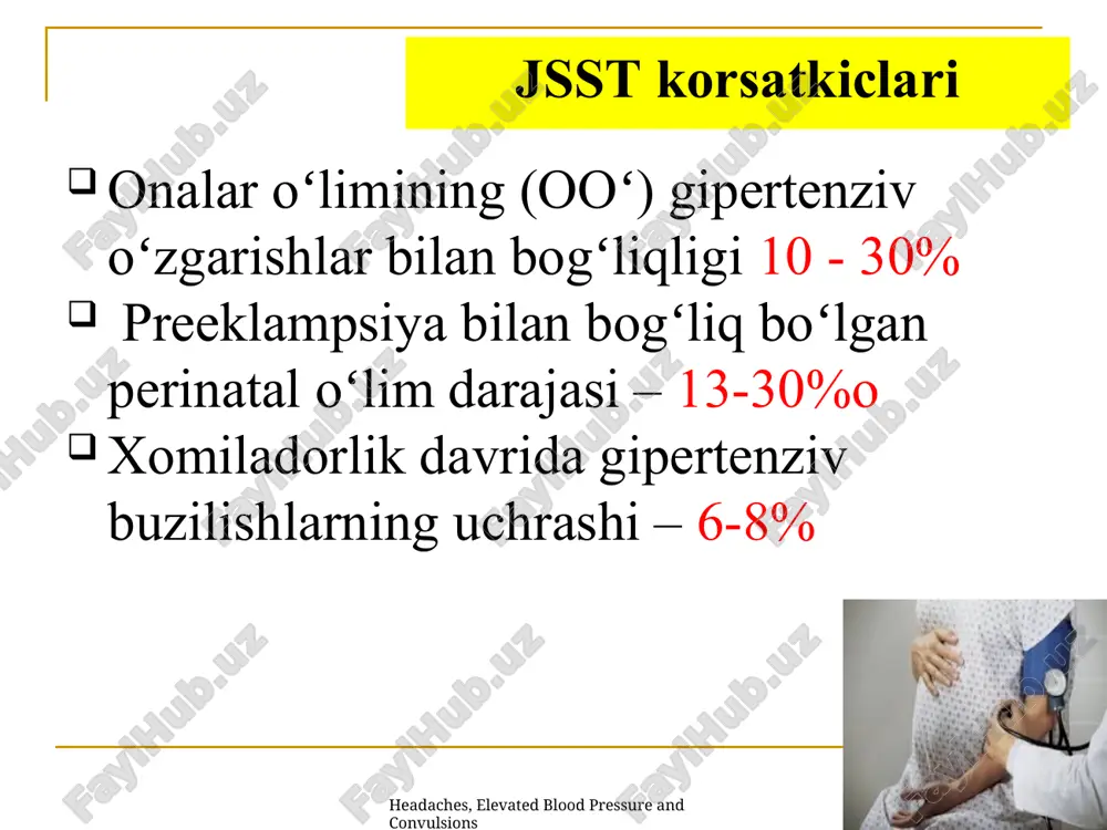 ning yoshi 40 dan katta eklampsiya yoki preeklampsiyaning tugʻruqdan keyingi xolati surunkali gipertenziya surunkali buyrak kasalligi afs qandli diabet gestatsion gipertenziya:ambulator sharoitda olib borish a/b, peshob (proteinuriya) va homila axvoli xar xaftada tekshiriladi. a/b yuqori boʻlsa, ayolni o`rta preeklampsiyadek olib boring xroqs yoki homila distressi belgilari paydo boʻlsa, statsionarga yoʻllash! ayol va uning oila-aʼzolariga og’ir preeklampsiya va eklampsiya xaqida tushuncha berish agar kuzatish natijalari stabil oʻzgarmasa, normal tugʻruq va tugʻdirish! gestatsion gipertenziya: ogʻir gestatsion gipertenziya saqb ≥160 mm.sm.ust. yoki daqb≥110 mm.sm.ust. antigipertenziv vositalar bilan davolash. > 34 hafta tugʻdirish! 30 kg/m2 ; antifosfolipid sindrom; ayolning yoshi 35 va undan katta; buyrak kasalliklari; yordamchi reproduktiv texnologiyalar; uyqudagi obstruktiv apnoe sindromi. headaches, elevated blood pressure and convulsions * oʻrta darajali preeklampsiya 20 haftalikdan soʻngi homiladorlikda 4 soat oraliq bilan 2 marta oʻlchanganda daqb - 90-109 mm.sm.ust.ga koʻtarilishi proteinuriya 0,3g/l dan 1g/l gacha 24 soatda ogʻir preeklampsiyaning boshqa belgi/simptomlari boʻlmaganda * * according …
