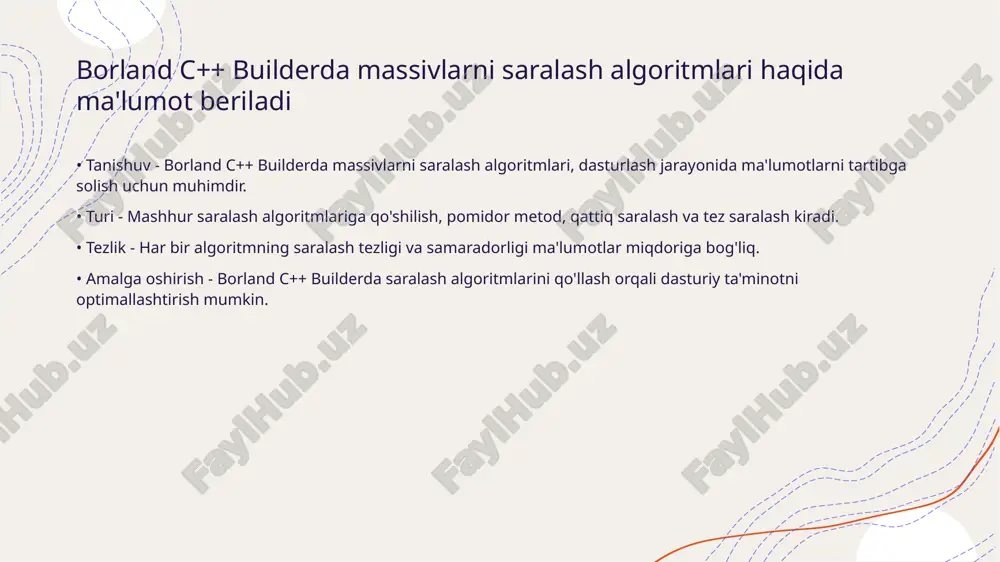 ydi. massivlarni saralashda vaqt va joy murakkabligini hisoblash • vaqt murakkabligi - massivlarni saralashda vaqt murakkabligi algoritmning o'zgaruvchilarga bog'liq ishlov berish vaqtini o'lchaydi. bu ko'p hollarda n log n tarzida ifodalanadi bu esa samarali algoritmlar uchun xarakterlidir. • joy murakkabligi - joy murakkabligi massivsiz tartibga solish usullarini baholashda muhimdir. salbiy joy saralash uchun joyni tejashsiz o'zgarishsiz saqlash imkonini beradi. • o'zgaruvchilar - saralash jarayonida o'zgaruvchilar soni algoritmning kompleksligini belgilaydi. oddiy saralash usullari ko'proq resurs talab qiladi. • qiyoslash - turli saralash algoritmlarini taqqoslashda vaqt va joy murakkabligi ahamiyatlidir. bu dasturchilarga to'g'ri usulni tanlashda yordam beradi. massivlarni saralash uchun foydalanuvchi interfeysini yaratish • foydalanuvchi interfeysi tushunchasi - foydalanuvchi interfeysi dastur bilan foydalanuvchi o'rtasidagi muloqotni ta'minlaydigan qismdir. • saralash algoritmlari - massivlarni saralash uchun bir nechta algoritmlar mavjud bo'lib ular orasida qizil va biriktirish kabi usullarni keltirish mumkin. selection sort algoritmini borland c++ builderda qanday ishlatishni ko'rsatadi • tanlov saralash algoritmi - …
