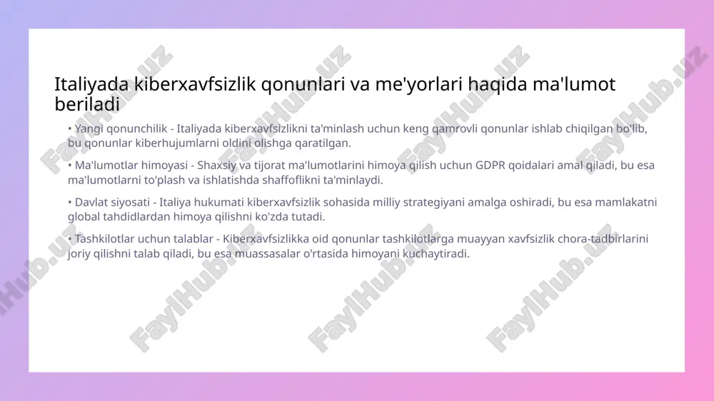 sh mumkin • xususiy va davlat sektori - xususiy va davlat sektoridagi tashkilotlar kiberxavfsizlik bo'yicha dasturlarni qo'llab-quvvatlashi kerak kiberxavfsizlik bo'yicha xalqaro hamkorlikning ahamiyati ta'kidlanadi • hamkorlikni kuchaytirish - xalqaro hamkorlik kiberxavfsizlikni kuchaytiradi. bu orqali davlatlar o'zaro tajriba almashadi va yangi xurujlarga qarshi reja tuzadi. • ma'lumotlar almashinuvi - kiber jinoyatchilikka qarshi kurashishda ma'lumotlar almashinuvi muhim rol o'ynaydi. boshqa mamlakatlardan olingan bilimlar yordamida samarali himoya choralari ishlab chiqiladi. italiyada kiberhujumlardan himoya qilish uchun texnologiyalarni qo'llash zarur • kiberxavfsizlikning ahamiyati - kiberxavfsizlik zamonaviy dunyoning poydevoridir. italiyada davlat va xususiy sektorda kiberhujumlar xavfi ortib bormoqda. • texnologiyalarni qo'llash - zamonaviy texnologiyalarni, masalan, sun'iy intellekt va ma'lumotlarni shifrlashni qo'llash kiberhujumlarga qarshi samarali himoya ta'minlaydi. • ta'lim va ongli xulq - kiberhujumlarga qarshi kurashda ta'limning roli katta. xodimlarni kiber xavfsizlik bo'yicha o'qitish zarur. • kollaboratsiya va almashuv - davlat va xususiy sektor o'rtasidagi hamkorlik kiberhujumlardan himoya qilishda muhim omil hisoblanadi. malakali mutaxassislar o'z bilimlarini almashishlari …