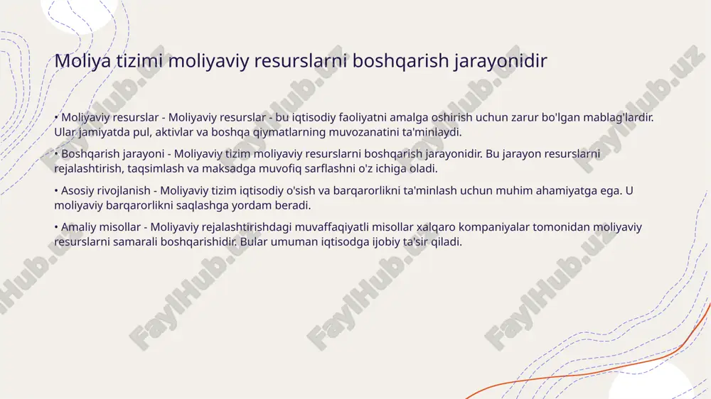 iverifikasiya strategiyasi - investitsiyalarni diversifikatsiya qilish moliyaviy risklarni kamaytiradi. turli aktivlar bo'yicha taqsimlash tavakkalni pasaytiradi. • xulosa - moliyaviy risklarni boshqarish muvaffaqiyatli investitsiyalar uchun muhimdir. o'z vaqtida amalga oshirilgan tahlillar katta foyda keltiradi. moliyaviy savodxonlik xaridlarni yaxshilashga yordam beradi • moliyaviy savodxonlik tushunchasi - moliyaviy savodxonlik shaxslarning o'z mablag'larini boshqarish qobiliyatini anglatadi. bu bilim xaridlar qilishda oqilona qarorlar qabul qilishga yordam beradi. • xarid qilishdagi ahamiyati - moliyaviy savodxonlik xarid qilish jarayonida muhim rol o'ynaydi. xaridlarni rejalashtirish va to'g'ri tanlovlar qilish mumkin bo'ladi. sarmoyalarni diversifikatsiyalash risklarni kamaytiradi • diversifikatsiya ta'rifi - diversifikatsiya sarmoyalarni bir nechta variantlarga taqsimlash jarayonidir. bu yondashuv investorlar uchun risklarni kamaytirishga yordam beradi. • risklarni kamaytirish - sarmoyalarning turli sohalarga taqsimlanishi balansni ta'minlaydi. agar bir sektorda muammo yuzaga kelsa, boshqa sektorlardan daromad olish davom etadi. • misollar - investorlar aksiyalar, obligatsiyalar va ko'chmas mulk kabi xilma-xil instrumentlarga sarmoya kiritishi mumkin. har bir aktiv turli xavflarga ega. • …