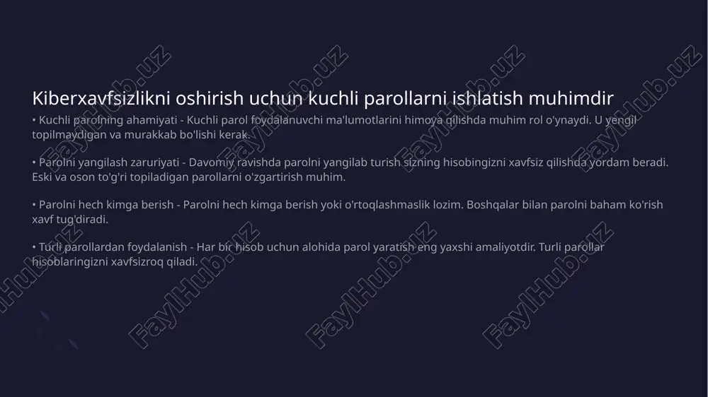 tlarini himoya qiladi va ishonchli xizmatlar orqali mijozlarning xavfsizligini ta'minlaydi ishchilarni kiberxavfsizlik bo'yicha o'qitish zarur • kiberxavfsizlikning asosiy tushunchalari - kiberxavfsizlik deganda axborotni himoya qilish va kiberhujumlarning oldini olish maqsadida ishlatiladigan usullar bilan tanishuv tushuniladi • zarur o'qitish dasturlari - ishchilarga kiberxavfsizlik bo'yicha muntazam o'tkaziladigan o'qitish dasturlari tajribalarni oshiradi va xatolarni kamaytiradi • xavf va muammolarni aniqlash - o'qitilgan ishchilar xavf-xatarlarni tezda aniqlaydilar va ularni hal qilish bo'yicha samarali choralarni ko'rish imkoniyatiga ega bo'lishadi • ish joyida kiberxavfsizlik madaniyati - kiberxavfsizlik bo'yicha o'qitish ish joyida xavfsizlik madaniyatini yaratishga yordam beradi va xodimlarning mas'uliyatini oshiradi zaxira nusxalarini yaratish ma'lumotlarni yo'qotishdan saqlaydi • ma'lumotlarni saqlash ahamiyati - zaxira nusxalari muhim ma'lumotlarni yo'qotishdan saqlaydi va ularni xavfsiz saqlaydi • yuqori xavfsizlik darajasi - zaxira nusxalari o'z ma'lumotlaringizni viruslardan va boshqa tahdidlardan himoya qilishda yordam beradi tizimlar monitoringi kiberhujumlarni erta aniqlashga yordam beradi • kiberhujumlarning erta aniqlanishi - tizim monitoringi kiberhujumlarni erta aniqlash imkonini …