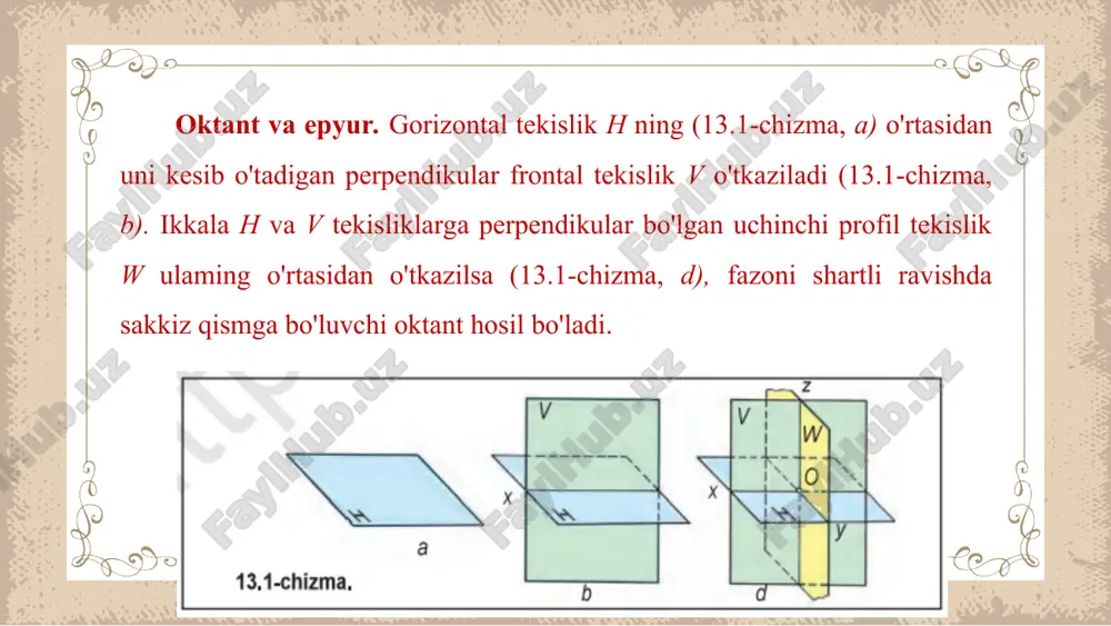 ka haqiqiy kattaligida proyeksiyalanadi, qolganlariga esa, qiya bo'lgan-ligi uchun qisqarib proyeksiyalanadi (14.2-chizma, a, b, d). to'g'ri chiziq qaysi tekislikka parallel bo'lsa, o'sha tekislik nomi bilan ataladi, ya'ni ab\\h - go-rizontal (14.2-chizma, a), ab\\v - frontal (14.2-chizma, b), ab\w - profil (14.2-chizma, d) chiziqlar deyiladi. agar to'g'ri chiziq proyeksiyalar tekisliklariga og'ma vaziyatni egallagan bo'lsa, unday to'g'ri chiziq - umumiy vaziyatdagi to'g'ri chiziq deyiladi. 14.3-chizmada umumiy vaziyatdagi ab to'g'ri chiziq kesmasining h, v va w da proyeksiyalanishi ko'rsatilgan bo'lib, uning proyeksiyalari haqiqiy uzunligiga nisbatan o'zgarib (qisqarib) tasvirlangan. eslab qoling! to'g'ri chiziq proyeksiyalar tekisliklaridan biriga perpendi­kular bo'lsa, nuqta ko'rinishida, parallel bo'lsa, o'zining haqiqiy uzunligiga teng, umumiy vaziyatda bo‘lsa, qisqarib proyeksiyalanadi. 14.3-chizma, d da tasvirlangan umumiy vaziyatdagi ab kesmaning chizmasi (epyuri)ni o'qituvchi yordamida bajaring. 14.4-chizmadagi abcd to'rtburchakli shakl qanday chiziqlardan tashkil top-ganligini tahlil qiling.