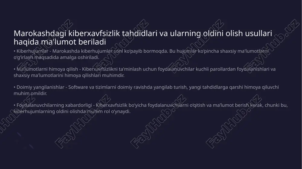 rlarini yechmaslik va ularni ochmasliklari kerak. xavfli havolalarni bosishdan qochish zarur. • antivirus dasturlaridan foydalanish - foydalanuvchilar antivirus dasturlarini o'rnatishlari va ularni doimiy ravishda yangilab turishlari muhimdir. bu dasturlar zararli dasturlardan himoya qiladi. marokashda kiberxavfsizlik bo'yicha o'qitish va trening dasturlari haqida ma'lumot beriladi • kiberxavfsizlikning ahamiyati - kiberxavfsizlik zamonaviy biznes va davlat tuzilmalarining muhim bir qismi hisoblanadi • o'qitish dasturlari - marokashda turli o'qitish dasturlari kiberxavfsizlikka bag'ishlangan va ular amaliy ko'nikmalarni rivojlantirishga qaratilgan kiberxavfsizlikni oshirish uchun xalqaro hamkorlikning ahamiyati ko'rsatiladi • xavflarni kamaytirish - xalqaro hamkorlik kiberxavfsizlik sohasida tahdidlarni aniqlash va ularga qarshi kurashishda muhim ahamiyat kasb etadi • ma'lumot almashish - dunyo miqyosida kiber tahdidlar haqida tezkor va samarali ma'lumot almashish harakatlar uchun zarur hisoblanadi • tajriba almashish - turli davlatlarning tajribalarini almashish orqali kiberxavfsizlikni yaxshilash va ilg'or komplekslar yaratishda yordam beradi • qonunchilikni mustahkamlash - xalqaro hamkorlik orqali kiberxavfsizlik qonunlarini takomillashtirish va birlashtirish amalga oshirilishi mumkin marokashda kiberxavfsizlik …