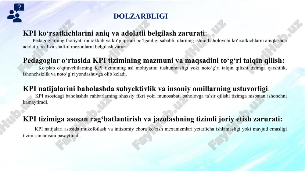 treninglar o‘tkazish. kpi natijalari asosida adolatli rag‘batlantirish va qayta tayyorlash tizimini yo‘lga qo‘yish. kpi tizimi samaradorligini doimiy monitoring va tahlil qilish orqali takomillashtirib borish. kpi tizimi federal yerlar (landlar) kesimida ishlab chiqiladi, ya’ni mahalliy ehtiyojlarga moslashtiriladi. o‘qituvchilar har 3 yilda kasbiy tekshiruv va attestatsiyadan o‘tadi. kpi ko‘rsatkichlari: o‘quvchilarning fan bo‘yicha natijalari, dars tahlillari, ota-onalar fikri, va o‘qituvchining kasbiy o‘sish rejasi. gollandiyada o‘qituvchilarning faoliyati milliy kasbiy standartlar asosida baholanadi. kpi ko‘rsatkichlari sifatida o‘quvchilarning yutuqlari, ota-onalar bahosi, darsda qo‘llanilayotgan innovatsion metodlar va jamoaviy hamkorlik olinadi. aqshda kpi tizimi “teacher evaluation systems” orqali amalga oshiriladi. har bir o‘qituvchi uchun individual baholash rejasi mavjud. kpi ko‘rsatkichlari: o‘quvchilar test natijalari, dars kuzatuvlari, o‘zaro baholash, ota-onalar va direktor fikri. mavzu yuzasidan xorijiy tajribalarni o‘rganilganligi 8 t/r amaldagi holat o‘zbekistonda amaldagi holat (xorijda) taklif 1. so‘nggi yillarda baholash tizimi takomillashmoqda, maktablarda kpi mezonlari to‘liq ishlab chiqish rejalashtirilmoqda. gollandiya va germaniyada pedagoglar faoliyati aniq standartlar va ko‘rsatkichlar asosida …
