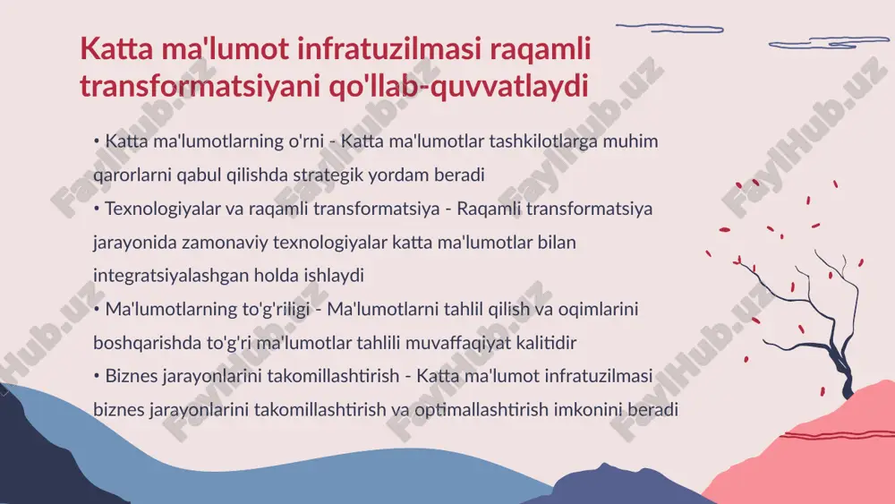 texnologiyalar yordamida katta ma'lumotlarni boshqarish jarayonlari avtomatlashtirilmoqda hamda samaradorlik oshmoqda katta ma'lumotlarni saqlash va boshqarish uchun innovatsion texnologiyalar muhim • ma'lumotlar tahlili - ma'lumotlar vizualizatsiyasi yordamida katta ma'lumotlarni tahlil qilish osonlashadi va bu jarayonda muhim tendensiyalarni tezda aniqlash imkonini beradi • e'tiborni jalb etish - vizual tasvirlar ma'lumotlarning murakkabligini soddalashtirib, e'tiborni jalb qiladi va foydalanuvchilarga tezroq tushunishga yordam beradi ma'lumotlar vizualizatsiyasi katta ma'lumotlardan foyda olishni osonlashtiradi • katta ma'lumotlarning roli - katta ma'lumotlar biznesning ma'lumotlarga asoslangan qarorlar qabul qilishiga yordam beradi ularning hajmi va xilma-xilligi bilan tanishish jarayonini tezlashtiradi • avtomatlashtirish jarayonlari - katta ma'lumotlar infratuzilmasi avtomatlashtirish jarayonlarini takomillashtiradi shu bilan birga vaqt va resurslarni tejashga imkoniyat yaratadi • analitika va qaror qabul qilish - katta ma'lumot asosida amalga oshiriladigan analitika yordamida biznes jarayonlarining samaradorligi oshiriladi qarorlar yanada ma'lumotga asoslangan bo'ladi • kelajak rivoji - katta ma'lumotlar infratuzilmasi rivojlanishi bilan biznes jarayonlarida inqilobiy o'zgarishlar sodir bo'ladi yangi imkoniyatlar paydo bo'ladi …