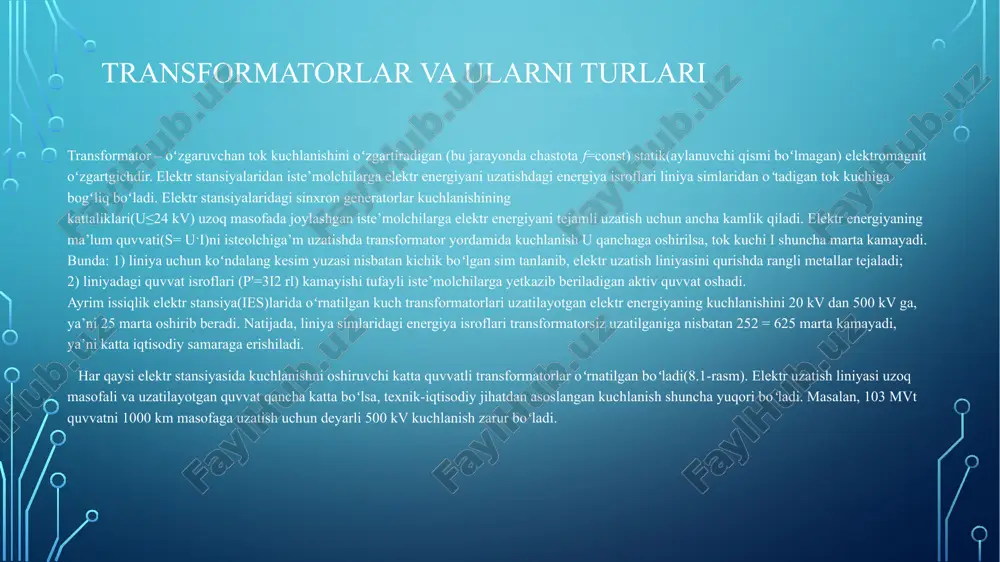iyasiga mos keladigan pasaytiruvchi kuch transformatori: 1 – bak; 2 – moy uchun ventil; 3 –zaminlash uchun qistirma; 4 – termosifonli filtr; 5 – radiator; 6 – kuchlanishni rostlash qayta ulagichi; 7 – kengaytirgich bak; 8 – moy koʻrsatkich; 9 – havo quritgich; 10 – chiqaruvchi (saqlovchi) truba; 11 – gaz rele; 12 – yuk chulgʻam uchun oʻtish izolyatori; 13– qayta ulagich dastagi; 14 – pk chulgʻamga oid oʻtish izolyatori; 15 – transformatorni koʻtarish uchun ilgich; 16 – pk chulgʻamni oʻtish izolyatori bilan bogʻlovchi oʻtkazgich; 17 – magnit oʻtkazgich; 18 – yuk chulgʻamni oʻtish izolyatori bilan bogʻlovchi oʻtkazgich; 19 – yuqorgi va pastki yarmo balkalari; 20 – yuk chulgʻam rostlash tarmogʻining simlari; 21 – yuk chulgʻam; 22 – aravacha gʻildiragi. transformatorlarning tasnifi, ularga qoʻyiladigan asosiy talablar, gabaritlari va nominal kattaliklari. podstansiyalarda transformatorlarning soni va quvvatini tanlash. korxonaning ratsional elektr ta’minoti tizimini yaratishda bpp va sex podstansiyalaridagi kuch transformatorlarning soni va …