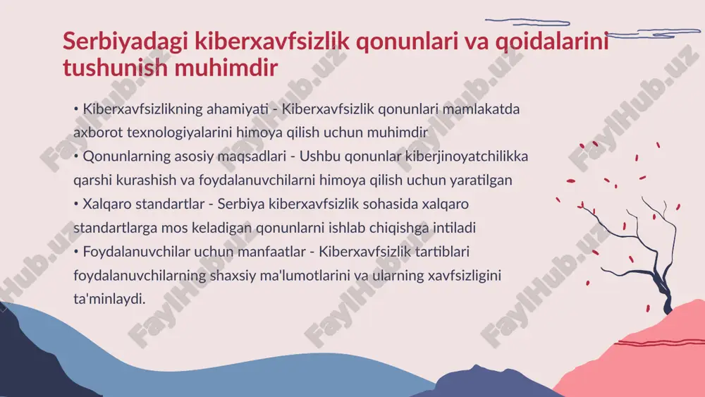 ordam beradi. bu mutaxassislar tashkilotlarda xavfsizlikni oshirishda muhim rol o'ynaydi. • innovatsion yondashuvlar - kiberxavfsizlik ta'limida innovatsion metodlarni qo'llash ta'lim jarayonini yanada samarali qiladi. zamonaviy texnologiyalar yordamida talabalarning qobiliyatlarini oshirish mumkin. kiberxavfsizlik bo'yicha ta'lim va treninglar muhim ahamiyatga ega • davlat siyosatining ahamiyati - kiber jinoyatchilikka qarshi kurashish uchun davlat siyosati asosiy rol o'ynaydi ushbu siyosat kiber xavfsizlikka doir strategiyalarni belgilaydi. • kiber jinoyatlar va ularning oqibatlari - kiber jinoyatlar iqtisodiy va ijtimoiy hayotga salbiy ta'sir ko'rsatadi ular shaxsiy ma'lumotlar, moliyaviy xavfsizlikni taminlaydigan muammolar yaratadi. kiber jinoyatchilikka qarshi kurashish uchun davlat siyosatini bilish zarur • xavfsizlik siyosatining ahamiyati - kiberxavfsizlik siyosati kompaniya ma'lumotlarining muhofazasini ta'minlaydi va xavfsizlik tamoyillarini belgilaydi • xodimlarni tayyorlash - xodimlarga kiberxavfsizlik bo'yicha malaka oshirish dasturlari amalga oshirilishi kerak • texnologiyalar va vositalar - eng samarali xavfsizlik texnologiyalari va vositalaridan foydalanish zarur • davomiy tahlil va yangilanish - kiberxavfsizlik strategiyalarini muntazam ravishda qayta ko'rib chiqish va yangilash …