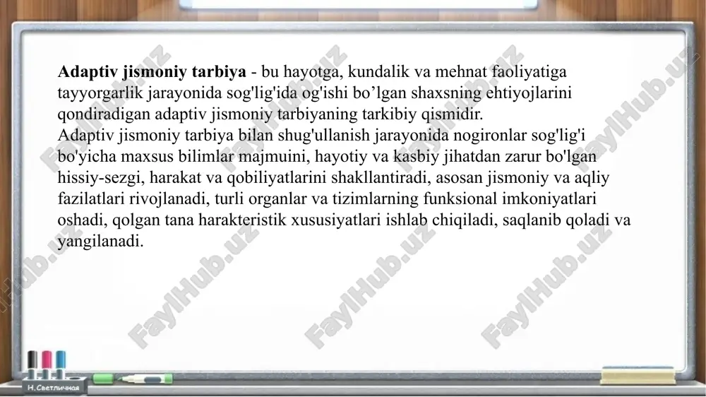 faoliyatidan qoniqishni ta'minlay oladigan mavjud faoliyatga jalb qilish haqida o'ylash kerak, ruhiy stressni olib tashlash va so’ngida ularni adaptiv jismoniy tarbiyaning boshqa turlariga va uzoq muddatli istiqbolda kasbiy mehnat faoliyatiga jalb qilish. adaptiv jismoniy tarbiyaning ijodiy turlari (badiiy va musiqiy tanaga yo'naltirilgan amaliyoti )- jismoniy imkoniyati cheklangan insonlarning sog'lig'iga bo'lgan ehtiyojini qondiradigan adaptiv jismoniy tarbiyaning tarkibiy qismi (turi), o'zini o'zi rivojlantirish, ijodiy o'zini rivojlantirish, harakat, musiqa, tasvir (shu jumladan badiiy), boshqa san'at vositalaridir. shubhasiz, ijodiy jihat adaptiv jismoniy tarbiyaning sanab o'tilgan barcha tarkibiy qismlarida (turlarida) mavjud, ammo bu yerda u ajt turining asosiy, yetakchi maqsadi va mohiyatidir. badanga yo'naltirilgan ijodiy amaliyotlarda jismoniy mashqlar jarayonida insonning ma'naviy va tanaviy tamoyillari birligi faoliyatning majburiy, ajralmas atributidir, u holda u, printsipial ravishda, mavjud bo'lolmaydi. bularning barchasi adaptiv jismoniy tarbiyaning ushbu turiga haqiqiy amaliy talabni yana bir bor tasdiqlaydi va ushbu bobning mualliflarining fikriga ko'ra, adaptiv jismoniy tarbiya, adaptiv sport, adaptiv vosita rekreatsiyasi va …