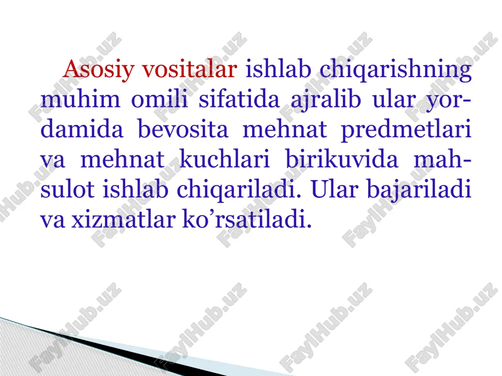 i. asosiy vositlaming harakat ko‘rsatkichlariga ulaming yangilanishi va chiqib ketish koeffisentlari kiritiladi. asosiy vositalaming yangilanish koeffisenti joriy davrda yangidan kiritilgan asosiy vositalar qiymatini asosiy vositalaming yii oxiriga bo‘lgan qiymatiga bo‘lish orqali topiladi. asosiy vositalaming chiqib ketish koeffisienti joriy davrda chiqib ketgan asosiy vositalar qiymatini ulaming yil boshiga bo‘lgan qiymatiga bo‘lish asosida aniqlanadi. bu tarkiblashni asosiy vositalaming jami qatori va har bir tarkibi bo‘yicha berib o‘tish mumkin. tahlilda asosiy vositalarning samaradorlik ko‘rsatkichlari va ulaming ta’sir etuvchi omillari ikki tarkib bo‘yicha o‘rganiladi: 1 asosiy vositalarning samaradorligi va uning o‘zgarishiga ta’sir etuvchi omillar tahlili 2 asosiy vositalar va ulardan samarali foydalanish ko‘rsatkichlarining mah-sulot hajmining o‘zgarishiga ta’sirining tahlili fond qaytimi (sig‘imi) va uning o‘zgarishiga ta’sir etuvchi omillar: 1 mahsulot ishlab chiqarish hajmi va uning o‘zgarishi; 2 asosiy fondlar o‘rtacha yillik qiymatining o‘zgarishi. - asosiy fondlaming o‘rtacha yillik qiymatining o‘zgarishi; - fond qaytimi (sig‘imi)ning o‘zgarishi. asosiy vositalar tahlili natijalari ular bo‘yicha boshqaruv qarorlarini qabul qilishda …