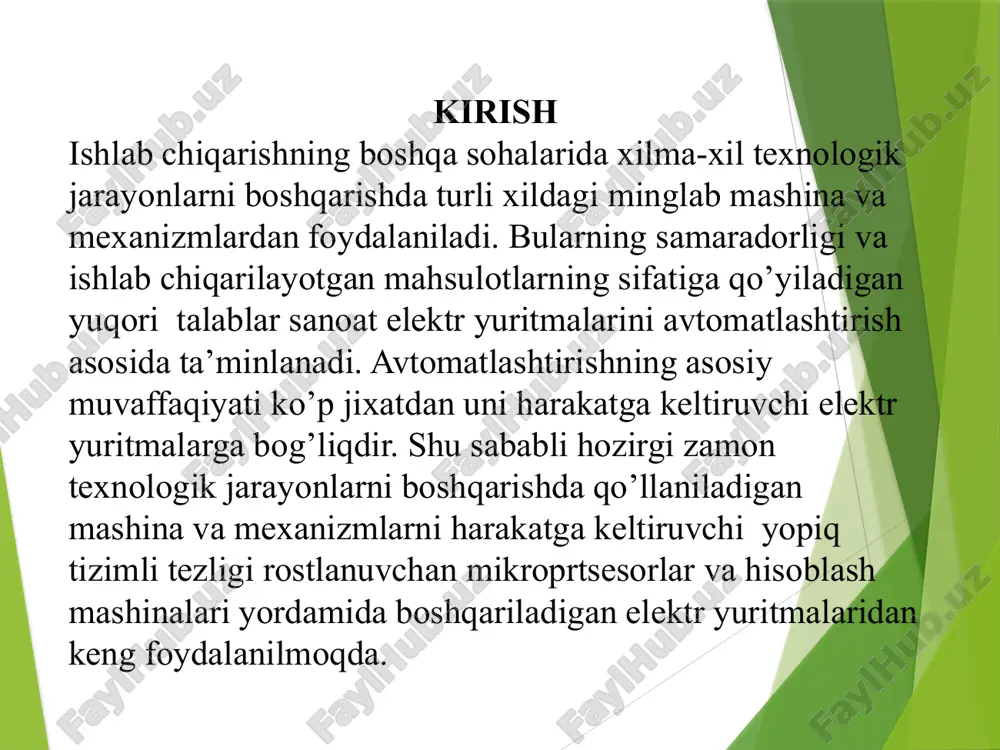 itmalarini avtomatlashtirishni talab etmoqda. avtomatlashtirishning asosiy muvaffaqiyati ko’p jixatdan uni harakatga keltiruvchi elektr yuritmalarga bog’liqdir. shu sababli ushbu kurs loyihamda hozirgi zamon texnologik jarayonlarni boshqarishda qo’llaniladigan mashina va mexanizmlarni elektr mexanik tizimlarda energiya samaradorlikka erishish va chastota o’zgartkichning elektr yuritmalarida qo‘llanilishida energiya samardorlikka erishish mumkinligini angladim. foydalanilgan adabiyotlar 1. gulkov g.i., petrenko yu.n., ratkevich e. sistemi avtomatizirovannogo upravleniya elektroprivodami. uchebnoe posobie. – m.: novoe znanie, 2004. 2. kim d.p, teoriya avtomaticheskogo upravleniya. t.2. mnogomernie, nelineynie, optimalnie i adaptivnie sistemi. v 2-x tt t:2. – m.: fizmatlit, 2004. 3. moskalenko v.v. sistemi avtomatizirovannogo upravleniya elektroprivoda. uchebnik. – m.: infra-m, 2004. 4. saidaxmedov s.s. avtomatik boshqarish nazariyasida zamonaviy uslublar. o'quv qo'llanma.– t: tdtu, 1997. – 30 b. 5. saidaxmedov s.s. elektr yuritmalarni avtomatik boshqarish tizimlari fani bo'yicha test savollari to'plami. 1 qism. – t: tdtu,1997. 6. xashimov a.a., saidaxmedov s.s. issledovanie zamknutix sistem avtomaticheskogo regulirovaniya na tsvm: metodicheskie ukazaniya k laboratornim rabotam …