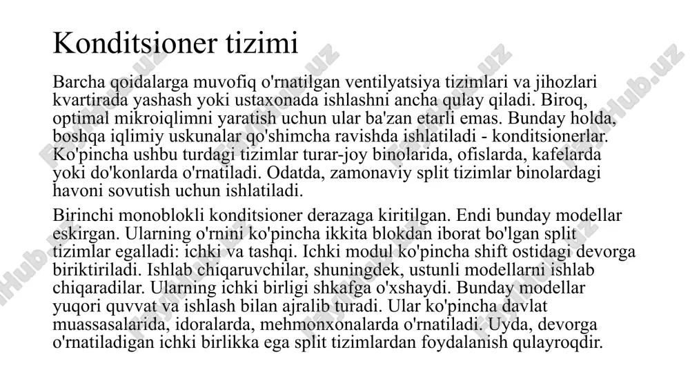 qlik almashtirgich orqali issiqlik atmosfera havoga chiqariladi. sovutish suyuqligi soʻngra ichki blokdagi issiqlik almashtirgichga oʻtadi va xonadagi havo issiqligini soʻrib oladi. sovuq sovutish suyuqligi tashqi blokdagi kompressorgacha qaytib, aylanish davom etadi. shunday qilib, xonadagi havo sovutiladi. xonani sovutish jarayonining taʼminlanishi xonani sovutish jarayoni konditsionerning ishlash prinsiplari asosida amalga oshiriladi. sovutish suyuqligi xonadagi havo issiqligini soʻrib oladi va tashqi blokda atmosfera havoga chiqariladi. ichki blokdagi fan sovutilgan havo oqimini xonaga yoʻnaltiradi. xonaning harorati pasayadi va qulay mikroiqlim yaratiladi. konditsionerlarning elektr tarmoqlariga ulanishi konditsionerlarni elektr tarmoqlariga ulanish xavfsizlik talablariga muvofiq amalga oshiriladi. konditsionerning quvvati va elektr tarmoqdagi kuchlanish mos kelishi kerak. konditsionerni oʻrnatishda malakali elektrik tomonidan amalga oshirilishi va elektr simlari, rozetkalar va himoya vositalari xavfsizlik talablariga mos kelishi kerak. konditsionerlarning energiya tejamkorligi split tizimli konditsionerlarning energiya tejamkorligi turli omillarga bogʻliq. ishlab chiqaruvchi tomonidan ishlatiladigan texnologiya, konditsionerning quvvati, xonaning oʻlchamlari va izolyatsiyasi, shuningdek foydalanish rejimlari energiya sarfini taʼsir qiladi. energiya tejamkorligini oshirish …