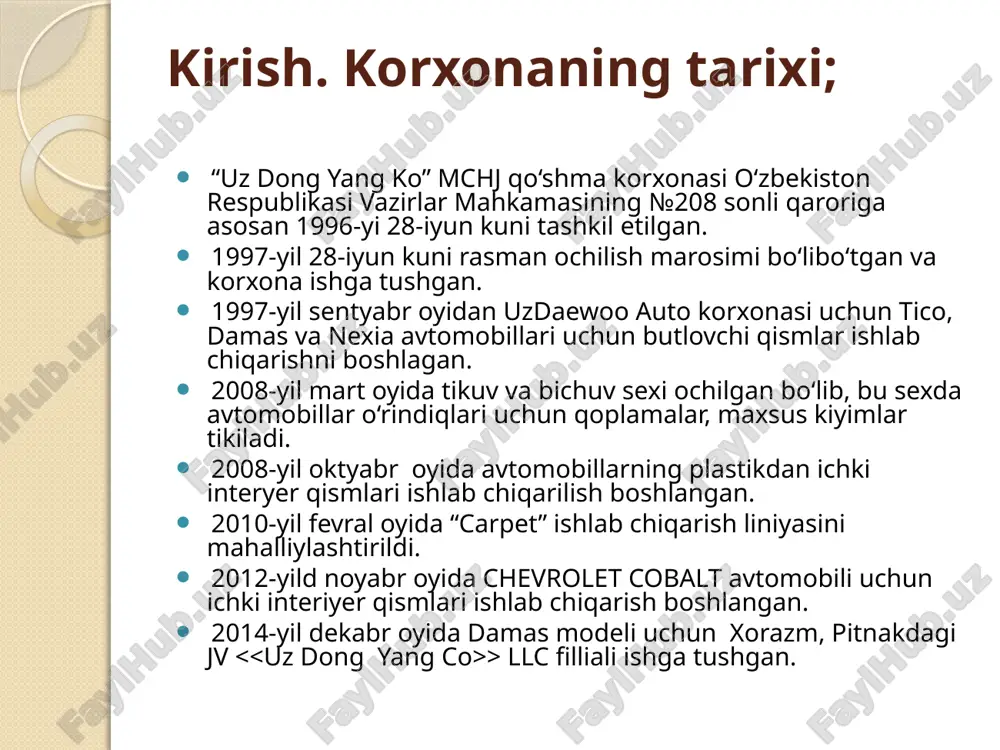 il ishlab chiqarish natijalariga asosan korxona tomonidan 2453 ming dona avtomobil ichki qoplama jixozlari ishlab chiqarilgan. «uz-dong yang ko» qo‘shma korxonasining asosiy xamkorlari sifatida «gm-uzbekiston» avtomobil zavodi, «uz-tong xong ko» (avtomobil urindiqlari ishlab chiqaruvchi) qo‘shma korxonalarini e’tirof etish mumkin. korxonada ishlab chiqaruvchi maxsulotlarning ma’lum qismi o‘zbekiston respublikasi xududidagi avtomobillarga texnik xizmat ko‘rsatuvchi servislar va savdo firmalari tomonidan realizatsiya qilinadi. korxonaning ishlab chiqaruvchi mahsulotlari: “uz dong yang co” qo‘shma korxonasida avtomobillar interyerlari uchun jami 404 xil butlovchi qismlar ishlabchiqariladi. ishlab chiqarish sexida asosan kobalt, onix, trecker avtomobillari uchun ichki butlovchi qismlar, jumladan, trim, torpedo, bar, konsul ishlab chiqariladi. tpa-2 350 dan ortiq turdagi detallar, jumladan, orqa konsul, old konsul, bardochok, ctr va shu kabi yarimtayyor maxsulotlar ishlab chiqariladi. bichuv- tikuv sexida avtomobil o‘rindiqlari uchun chexol, polik ishlab chiqariladi. “kroy” sexida esa procut xl-7501 dastgohida bichuv sexi uchun yarimtayyor maxsulotlarlar, jumladan, materiallarni kesib, keying bosqish uchun tayyorlab beriladi. o‘z-dong yang ko» qo‘shma …