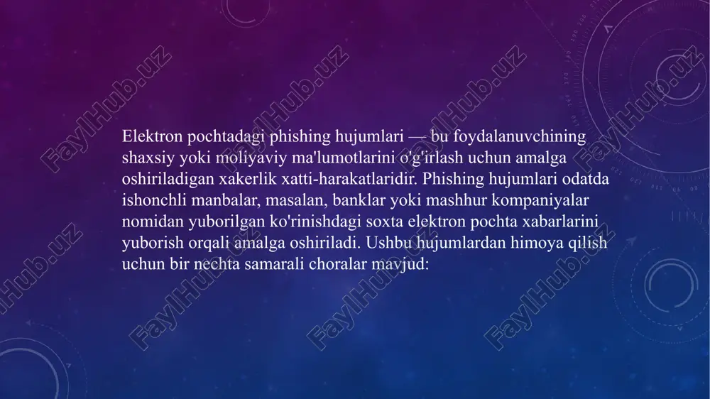 eradi. ma'lumotni tasdiqlash: agar xabar muhim kompaniyadan yoki tashkilotdan kelgan bo'lsa, xabarni to'g'ridan-to'g'ri kompaniyaning rasmiy manzili yoki telefon raqami orqali tasdiqlang. doimiy yangilanishlar: operatsion tizim va dasturiy ta'minotingizni doimiy ravishda yangilab boring. yangilanishlar xavfsizlikni oshiradi va yangi tahdidlardan himoya qiladi. phishing hujumlaridan himoyalanishda eng muhim narsa ehtiyotkorlik va xabarlarga qarshi doimo tahlil qilishdir. etiboringiz uchun rahmat image3.png image4.png image5.png image6.png /docprops/thumbnail.jpeg