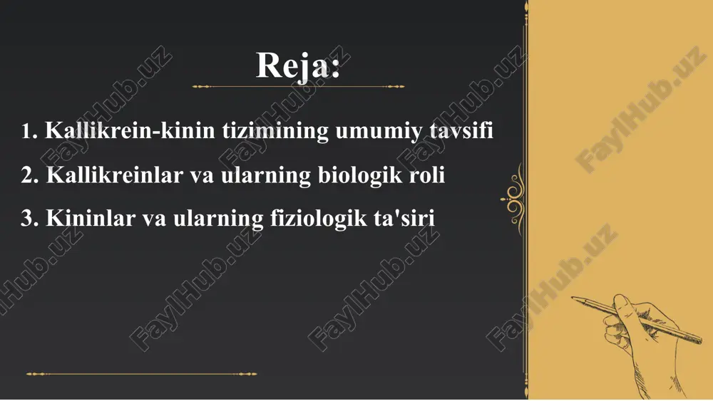 arni kengaytirishi(vazodilatatsiya), og'riq sezgilarini oshirishi va yallig'lanish jarayonlarini qo'zg'atishi. kinazlar tomonidan parchalanib, qisqa muddatda faol bo'ladi. kinazlarning tezligi ularning ta'sir muddatini qisqartiradi. bradikinin mashhur b1 va b2 retseptorlari orqali amalga oshiriladi. ularning boshqarilishi asosan yallig'lanish va og'riqni tartiblashga yo'naltirilgan bo'lib, orqanizmdagi fiziologik jarayonlarning muvozanatini saqlab turadi. shuningdek, kallikreinlar yuqori molekulyar og‘irlikdagi kininogenni kininlarga aylantirib, antitrombotik ta’sir ko‘rsatishi mumkin. bu jarayonlar tromboz va emboliya xavfini kamaytiradi. kallikreinlarning yetishmasligi yoki ortiqcha faolligi qon ivishi va qon ketishi bilan bog‘liq kasalliklarga olib kelishi mumkin. shu sababli, kallikreinlar qon ivish jarayonida muhim tibbiy ahamiyatga ega. ... t.me/slaydai_bot 4. kallikrein-kinin tizimining molekulyar mexanizmlari kallikrein-kinin tizimining molekulyar mexanizmlari organizmda qon aylanishi hamda yallig‘lanish jarayonlarini tartibga solishda muhim rol o'ynaydi. bu tizimning asosiy komponentlari kallikreinlar va kininlardan iborat. kallikreinlar prekallikreinlarni faollashtiradi va kininogenlardan kininnar hosil bo'lishini ta'minlaydi. ... t.me/slaydai_bot kallikreinlar qon ivishi jarayonida muhim rol o‘ynaydi. ular serin proteazlar oilasiga kirib, plazminogenni plazminga aylantirish orqali fibrinolitik jarayonlarni …