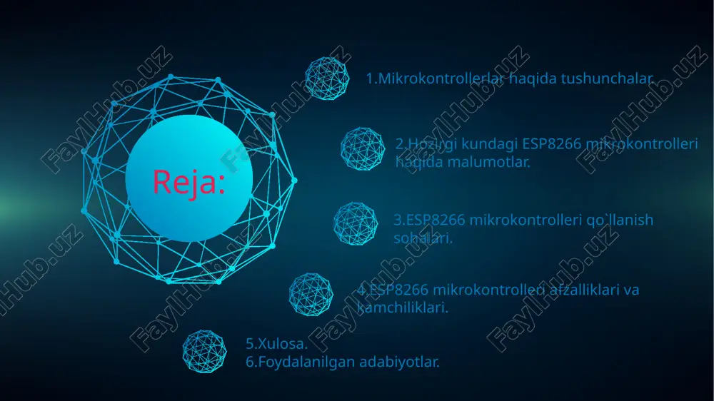 -fi modullariga nisbatan juda arzon narxda mavjud. kichik o'lcham: - esp8266 ning kichik o'lchamlari uni joyni tejaydigan qurilmalarda foydalanish uchun ideal qiladi. - arduino ide va boshqa dasturlash muhitlarida keng qo'llash mumkin, bu esa dasturlash jarayonini osonlashtiradi. kamchiliklari xavfsizlik masalalari: - esp8266 wi-fi tarmoqlariga ulangan bo'lsa, xavfsizlikka oid muammolar yuzaga kelishi mumkin, shuning uchun dasturiy ta'minotda ehtiyotkorlik bilan xavfsizlik choralarini ko'rish zarur. cheklangan resurslar: - ram va flash xotira cheklanganligi sababli, juda murakkab dasturlarni yozish qiyin bo'lishi mumkin. afzalliklari esp8266 o'zining wi-fi ulanishi, qulayligi va arzonligi bilan ajralib turadi.wi-fi diskining integratsiyasi: - esp8266 ichida wi-fi modulining mavjudligi, tashqi wi-fi chiplariga ehtiyojni yo'q qiladi, bu esa loyihalarni soddalashtiradi. eps8266 80 mhz dan 160 mhz gacha tezlikda ishlaydi, bu esa uni ko'p vazifalarni bajarish uchun qulay qiladi. xulosa ushbu taqdimotda esp8266 mirokontrollerining afzalliklari va kamchiliklari o`rganib chiqildi.bundan tashqari mikrokontrollerlar haqida umumiy malumorlar berib o`tiladi.esp8266 mikrokontrolleri hozirgi kunda dasturlash ishlarida ko`p qo`llanilganlik o`rganib …