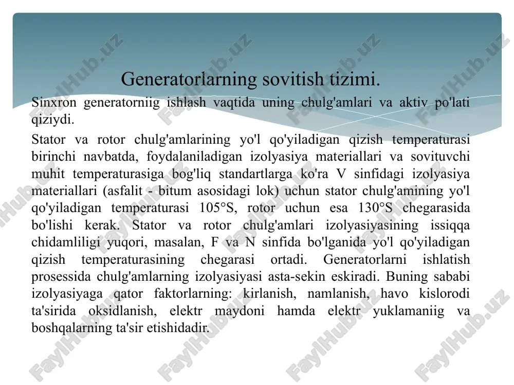 ing silliq rotorining sovishi ham samara beradi, chunki bunday holda u faqat havo bo'shlig'i tomonidan soviydi. bu holat esa turbogeneratorlarni havo bilan sovitish imkoniyatini ancha cheklashga olib keladi. turbogeneratorlarni vodorod bilan bilvosita sovitish. vodorod bilan bilvosita sovitiluvchi turbogeneratorlar prinsipial olganda havo bilan sovitishdagi kabi ventilyasiya sxemasiga ega. farqi shundan iboratki, bunda sovituvchi vodorodning hajmi generator korpusi bilan chegaralanadi, shuning uchun ham sovitgichlar korpusning ichiga joylashtiriladi. vodorod bilan sovitish havo bilan sovitishga nisbatan samaraliroq, chunki vodorod sovituvchi gaz sifatida havoga qaraganda bir qancha muhim afzalliklarga ega. u havoga qaraganda 1,54 mart katta issiqlik uzatish koeffisientiga va 7 marta ko'p issiqli o'tkazish xossasiga ega. oxirgi xossasi izolyasiya va pazlarnig oralig'ida vodorod qatlamining kichik issiqlik qarshilikka ega bo'lishiga olib keladi. vodorodniig zichligi havoga nisbatan ancha kichik bo'lganligi uchun ventilyasion yo'qotishlar 8-10 marta kamayib, buning natijasida generatorning fik 0,8—1% ga ortadi. havo muhitiga nisbatan vodorod muhitida oksidlanishning bo'lmasligi generatorning ishonchli ishlashini va chulg'am izolyasiyasining …
