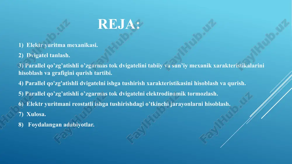 lar hisoblanadi va o’tkinchi jarayon grafiklarining natijalari quyidagicha: t, sek 0.083 0.167 0.335 0.67 m, n*m 104,2 114 130,1 154,01 w, rad/sek 28,07 34,7 41 49,9 elektr yuritmani reostatli ishga tushirishdagi o’tkinchi jarayon grafiklari. xulosa kurs loyihasida men parallel qo’zg’atishli elektrodvigatelni ishga tushirish, reverslash va tormozlashni avtomatik boshqarish masalalarini ishlab chiqdim, avtomatik boshqarish sxemalarni tuzishni o’rgandim, elektr yuritmalarni boshqarish sxema elementlarini grafik tasvirlanishini va printsipial sxemalarini o’qishni o’rgandim. kurs loyihasini bajarishda men elektr yuritmani tezligini rostlash masalalarini yechdim, boshqarish sxemalarni grafik bajarish, dvigatelni mexanik xarakteristikalarini hisoblash va qurish ko’nikmalariga ega bo’ldim foydalanilgan adabiyotlar klyuchev v. i «teoriya elektroprivoda» m. energoatomizdat. 2000. 440s. moskalenko v. v «elektricheskiy privod» uchebnoe posobie, akademiya 2004g. 238s. moskalenko v. v «sistemi avtomatizirovannogo upravleniya elektroprivoda» uchebnik. infra m. 2004g. beketov v.f. «osnovi elektroprivoda» uchebnoe posobie po kursovomu proektirovaniyu. m.2002g. image1.png image2.png image3.png image4.png image5.png image6.png image7.png /docprops/thumbnail.jpeg
