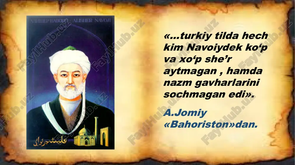 ydi). * * * * * * kimki, yolg’on so’zni birovga to’nkagay, o’z qora yuzini yog’ga bulaydi. (ozgina yolg’on ham ulug’ gunohdir; ozgina zahar ham halok qiluvchidir). alisher navoiy 1501-yil 3-yanvarda vafot etgan. butun hirot xalqi o`zining buyuk shoiri bilan xayrlashishga chiqqan va 7 kun davomida motam tutgan. alisher navoiyga moskva va boku shaharlarida haykal o`rnatilgan. alisher navoiyga tokio shahrida haykal o`rnatilgan. o`zbekiston milliy bog`idagi alisher navoiy haykali alisher navoiy nomidagi o’zbekiston milliy kutubxonasi alisher navoiy buyuk zot. u tarixda o’z nomini qoldirib ketdi. navoiy yashab ijod qilgan davrdan bir necha asrlar o’tibdiki biz uni hamon xotirlaymiz. navoiy o’zining ijodi, ma’naviy merosi ila yuragimizda yashaydi. bu buyuk zotga hurmatimiz cheksiz. maktablar, mahallalar, kutubxonalar-u ko’chalarga alisher navoiy nomi berilgan. alisher navoiy merosining hajmi 100 ming baytdan iboratdir. alisher navoiy o`zbek tilining asoschisi. u boy she`riy, nasriy va ilmiy meros qoldirgan bo`lib, o`zbek adabiyotini jahon yuksakligiga ko`tardi. alisher navoiy- komil inson shoir …
