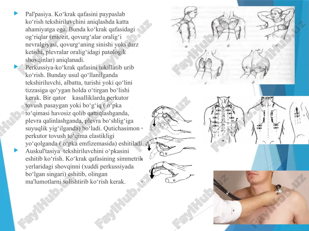 ilan shug‘ullanmaydigan sog‘lom kishilarda bir minutdagi nafas olish soni minutiga 16- 18 marta bo‘ladi. chiniqqan sportchilarda esa nafasning chuqurlashishi hisobiga nafas chastotasi minutiga 8-6 martagacha kamayib ketadi. genche sinamasini o‘tkazish uslubi va uni baholash. sinamani tinch holatda o‘tkazish: 1.tekshiriluvchi avval 1 marta chuqur nafas olib, chuqur nafas chiqaradi. 2.so‘ngra chuqur nafas chiqarishi bilanoq, nafas olmasdan qo‘lining ikki barmog‘i bilan burnini qisib soat sekundomeriga qarab turadi. baholash: 1.nafas olmay tura olish vaqti chiniqmagan odamda kam bo‘ladi. 2.sportchi qanchalik yaxshi chiniqqan bo‘lsa, nafas olmay tura olish muddati shuncha ko‘p bo‘ladi. sog‘lom sport bilan shug‘ullanmaydigan kishilarda bu ko‘rsatkich 20- 30 sekundni tashkil etadi. chiniqqan sportchilarda esa, tinch o‘tirgan holatda chuqr nafas chiqarib, nafas olmasdan ushlab turish vaqti 30-60 sekundni, ba'zi vaqtlarda 90 sekundgacha yetishi mumkin. shtange sinamasini o‘tkazish uslubi va uni baholash. bu sinamada tinch o‘tirgan holatda o‘pkaga iloji boricha maksimal havo olib, nafas chiqarmasdan ushlab turish vaqti belgilanadi. shtange sinamasini tinch holatda …