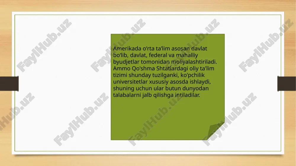 urga bo'lish mumkin. ta'lim muassasalari asosan atmosfera va talabalar soni bilan farqlanadi. kollej universitetdan tadqiqot dasturlari va aspiranturaning yo'qligi / mavjudligi bilan farq qiladi. universitetlar turlari kollejlarda asosan talabalarga ta'lim beriladi, ilmiy ishlar esa ta'lim dasturlari doirasidan tashqarida qoladi. qoidaga ko'ra, to'rt yillik ta'limni taklif qiladigan kollejlar xususiy va kichikdir (ikki ming talabagacha). soʻnggi paytlarda iqtidorli yoshlar uchun yirik davlat kollejlari shakllana boshlagan boʻlsa-da. amerika qonunlariga ko'ra, ular joylashgan hududda yashovchi bunday ta'lim muassasalariga kirishi mumkin, ammo aslida buni qilish juda qiyin. turli maktablarda o‘rganish standartlari har xil bo‘lgani uchun kollejlar abituriyentlarning baholariga ishonmaydi va ular uchun o‘z imtihonlarini taqdim etadi. mamlakatdagi barcha universitetlar, shuningdek, hukumat tomonidan moliyalashtiriladigan davlat universitetlari va xususiy muassasalarga boʻlingan. shu bilan birga, birinchilar obro'-e'tibor jihatidan ikkinchisidan biroz pastroq. davlat universitetlarining asosiy maqsadi talabalarni o'z mintaqalarida ta'lim berishdan iborat bo'lib, boshqa davlatlar va ularning yoshlari uchun tanlov tashkil etiladi.yuqori o'quv to'lovlari qo'llaniladi. bunday universitetlarda juda katta …