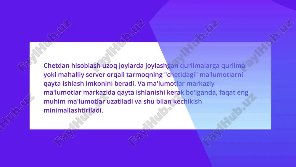 uchun yo'lda yoki uning yonida real vaqtda tanlov qilishlari mumkin. avtomobil ichidagi javob vaqtlari va kechikish muammolari millisekundlik kechikishlarni keltirib chiqarishi mumkin - bu chuqur oqibatlarga olib keladigan stsenariy. aqlli termostatlar: ular ushbu qurilmalardan juda kam ma'lumot ishlab chiqaradi. bundan tashqari, ular to'playdigan ba'zi ma'lumotlar, masalan, odamlarning uyga kelishlari va issiqlikni o'zgartirishlari shaxsiy hayotga ta'sir qilishi mumkin. ma'lumotni chetida saqlash va xavfsizlik muammolarini kamaytirishga yordam berish mumkin. svetoforlar: svetoforning uchta xususiyati uni chekka hisoblash uchun kuchli nomzod qiladi: real vaqtda o'zgarishlarga javob berish zarurati, nisbatan past ma'lumotlar chiqishi va vaqti-vaqti bilan internetga ulanish yo'qolishi. edge computing xizmatlari edge computing xizmatlari bulutli hisoblashning kengayishi bilan rivojlanib, qurilmalar va tarmoqdan tashqariga chiqadi. ai va tahlil: iot qurilmalarida sun'iy intellekt va biznes imkoniyatlarini ishga tushirish. ma'lumotlar integratsiyasi: katta ma'lumotlarni birlashtirish va siloslarni yo'q qilish. masofaviy boshqaruv: ish yuklarini joylashtirish, boshqarish va himoyalash. xarajatlarni optimallashtirish: ilg‘or echimlar bilan narxlarni kamaytirish. tezkor javob: qurilmalarni mahalliy …