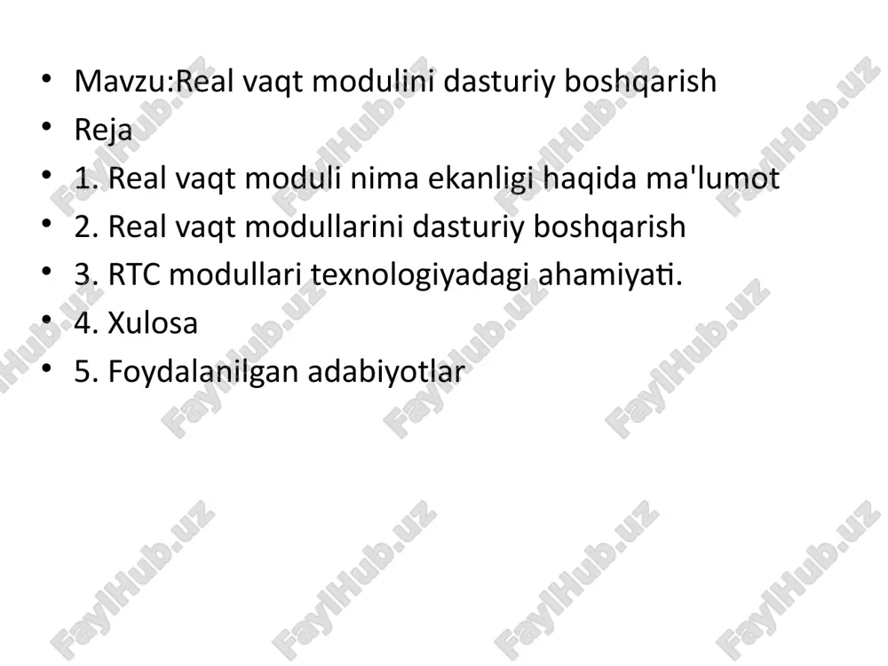 kuzatuv tizimlarida videoyozuvlarni vaqt bo‘yicha qayd qilish. lmiy tadqiqot va monitoring tibbiyot va ilmiy qurilmalarda rtc modullari real vaqt rejimida o‘lchovlarni qayd etishga yordam beradi. misol: tibbiy qurilmalarda bemorlarning hayotiy ko‘rsatkichlarini doimiy ravishda kuzatish xulosa real vaqt modullarini dasturiy boshqarish, ularning samarali ishlashini ta'minlash, vaqt va sanani aniqlash, vaqti-vaqti bilan tizimlarni sinxronlashtirish, interruptlar yordamida tizimlarni boshqarish kabi funktsiyalarni o‘z ichiga oladi. dasturiy boshqarish orqali rtc modullari har bir tizimga mos ravishda sozlanishi mumkin. rtc modullari aniqlik va quvvat samaradorligini birlashtiradi. aniqlik darajasini oshirish uchun yuqori sifatli rezonatorlar va harorat kompensatsiyasi ishlatiladi, quvvat sarfini kamaytirish uchun esa energiyani tejovchi texnologiyalar qo‘llaniladi. ular uzoq muddat davomida ishonchli va kam quvvatli ishlashni ta'minlaydi. foydalanilgan adabiyotlar 1. xoliqov a.a. raqamli sxemaotexnika. o'quv qo'llanma, t.: yangi nashr, 2007, 216 b. 2. ugryumov e.p. raqamli sxema. sankt-peterburg, bhv sankt-peterburg 2007. - 800 b. 3. parfenkin a., belov o. sxema. o'quv qo'llanma. morkniga, 2017, - 268 b. …