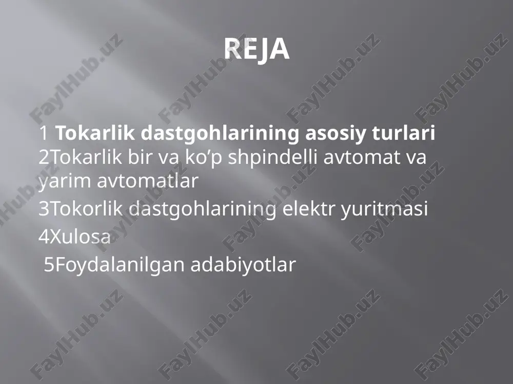 ing ish samaradorligini oshiradi. tokarlik dastgohining elektr sxemasi dc motorlar (direct current motors) dc motorlar tokarlik dastgohlarida yuqori moment va tezlikni nazorat qilish zarur bo'lganda ishlatiladi. ularning tezlikni boshqarish imkoniyatlari oson va aniqlik talab qiladigan ishlar uchun foydalidir. biroq, ular asinxron va sinxron motorlarga nisbatan ko'proq texnik xizmatni talab qiladi. seriyali motorlar (stepper motors) stepper motorlar yuqori aniqlikda harakatlanish va tezlikni bosqichma-bosqich nazorat qilish uchun ishlatiladi. tokarlik dastgohlarida ularni maxsus va nozik ishlov berish jarayonlarida qo'llash mumkin. stepper motorlar tezlik va pozitsiya boshqaruvini yuqori darajada aniq bajarishga yordam beradi. hibrid motorlar (hybrid motors) hibrid motorlar asinxron va sinxron motorlarning xususiyatlarini birlashtiradi. ular yuqori samaradorlik va tezlikni boshqarishning yaxshi kombinatsiyasini ta'minlaydi. bu motorlar turli xil dastgohlar va sanoat ilovalari uchun mos keladi. xulosa xulosa qilib aytganda, tokarlik dastgohlarida qo‘llaniladigan elektr yuritmalar turli xildagi texnik ehtiyojlarga qarab tanlanadi. har bir motor turi o'ziga xos afzallik va kamchiliklarga ega bo‘lib, ularning samarali ishlashi …