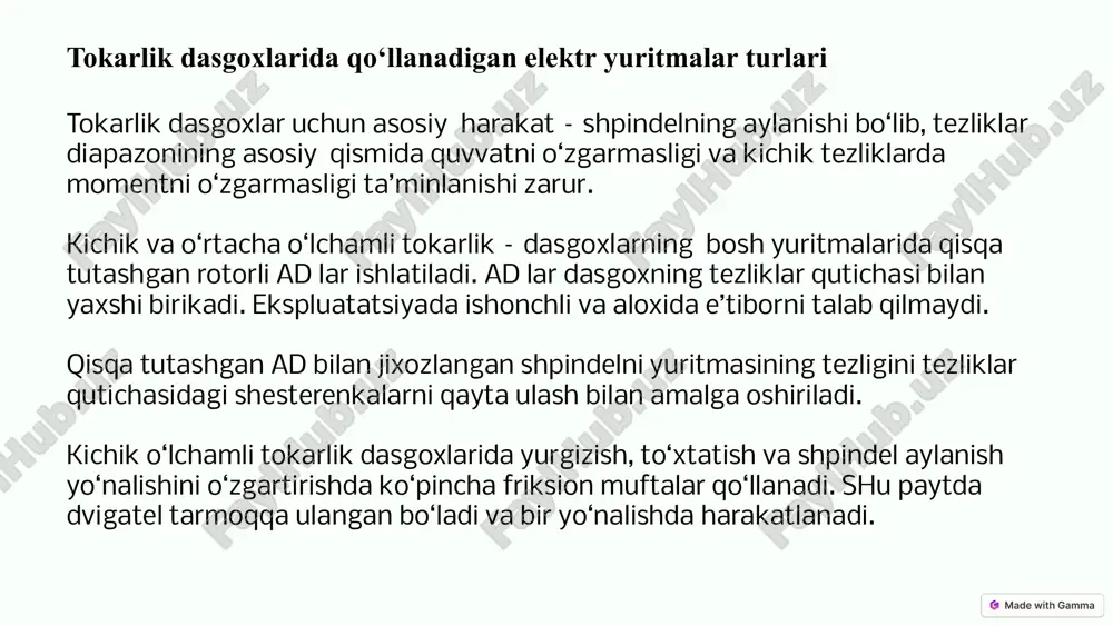 ikaviy ko‘rsatkichlarga ega: 1.stanina ustida o‘rnatilgan maxsulotning eng katta diametri, 400 mm 2.ishlov berilayotgan maxsulotning eng katta diametri, 45 mm markazlararo masofa 1000 mm 3.shpindelning aylanma tezligining pog‘onalari 23 (12,5 dan 2000 ayl/min gacha) o`zgaruvchan tokli (ac) elektr yuritmalar o’zgaruvchan tokli elektr yuritmalar yuqori kuchlanishli dastgohlarda qo‘llaniladi va ular yuqori quvvatga ega. ac dvigatellari odatda to‘g‘ri tokli dvigatellardan ko‘ra bardoshliroq va ishonchliroq bo‘ladi. afzalliklari yuqori quvvat bardoshlilik ishonchlilik kamchiliklari murakkab boshqarish tezlikni o‘zgartirish qiyin 8 punkt-kontakt elektr yuritmalar punkt-kontaktli elektr yuritmalar harakatni aniq va silliq tarzda uzatish uchun qo‘llaniladi va ular dastgohning aniqligiga yaxshi ta‘sir qiladi. bu turdagi elektr yuritmalar, masalan, servomotorlar yoki step-motorlar tomonidan boshqariladi va ular yuqori darajada aniqlik va tezlikni ta‘minlaydi. aniqlik yuqori darajada aniqlik tezlik yuqori tezlik silliqlik silliq harakatni ta‘minlash 9 masofaviy boshqariladigan elektr yuritmalar masofaviy boshqariladigan elektr yuritmalar dastgohni masofadan boshqarish imkoniyatini beradi, bu esa operatorlarning ish sharoitlarini yaxshilaydi. bu turdagi elektr yuritmalar, odatda, …
