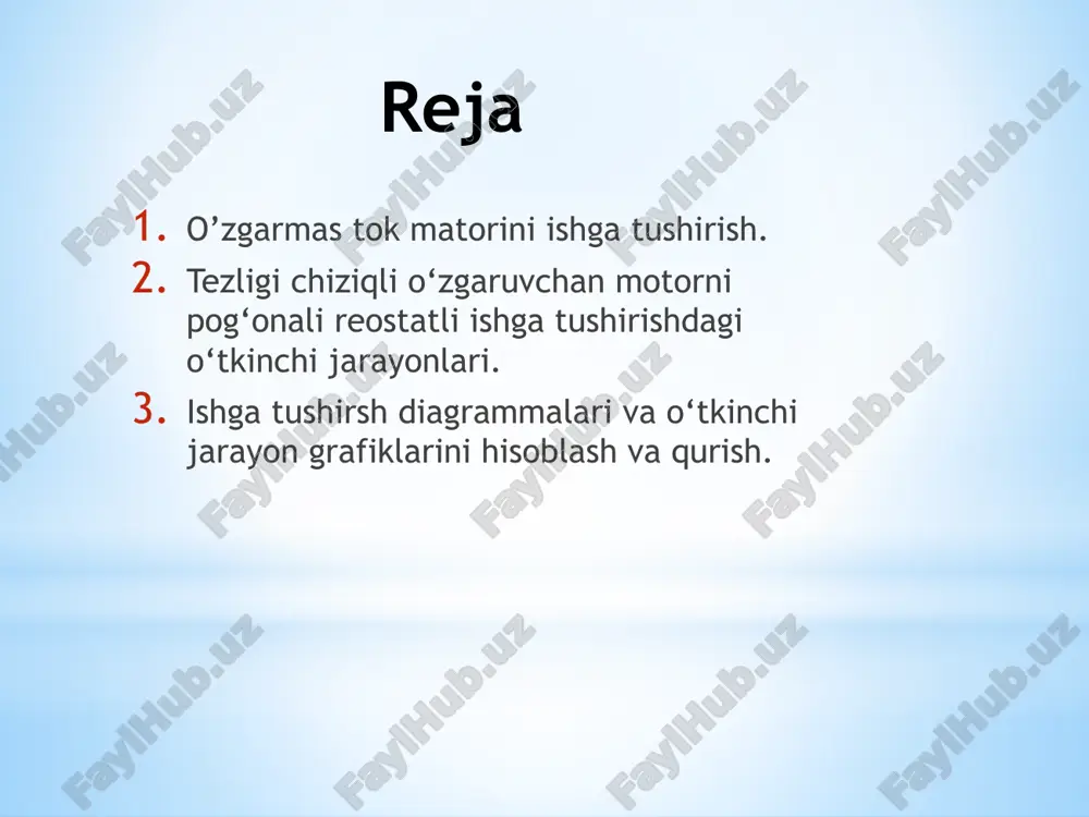 vatli o‘zgarmas tok dvigatellarini ishga tushirish maqsadlarida foydalaniladi. o‘zgarmas tok dvigatellarini aylanish yo‘nalishini o‘zgartirish uchun yakor chulg‘amidagi yoki ko‘zatish chulg‘amidagi tokni yo‘nalishini o‘zgartirish kerak. aralash qo‘zatish chulg‘amli o‘zgarmas tok dvigatellarini ishga tushirish uchun parallel qo‘zatish chulg‘amli o‘zgarmas tok dvigatellarining ishga tushirish sxemalarini qo‘llash mumkin. o‘zgarmas tok dvigatellarini ishga tushirish maqsadida tanlangan reostat va qarshiliklar ishga tushirish davriga, yaoni qisqa muddatli rejimga xisoblanganliklari sababli ularni o‘zgarmas tok dvigatelining yakorini tezligini rostlash maqsadida foydalanishga ruxsat berilmaydi. ochiq tizimli elektr yuritmalarda mxanik va elektrmexanik o‘tkinchi jarayonlari kuzatiladi. ushbu ko‘rinishdagi o‘tish jarayonlari, o‘td chulg‘amlarining elektromagnit inersiyasi xisobga olinmaganda ro‘y berishi mumkin. mexanik o‘tish jarayonlarining matematik ifodalash chiziqli mexanik xarakteristikalar uchun o‘td ning tezligi, momenti va valining o‘rin joyini vaqt bo‘yicha o‘zgarishining formulalari olin-gan. bu natijalarni, mustaqil qo‘zgalishli o‘td ning elektr yuritmadgi mexanik o‘tish jarayonlari aniq ko‘rinishlarini o‘rganish uchun foydalanamiz. 1-rasmda o‘td yakor zanjirining sxemasi keltirilgan, u uni ishga tushirish, dinamik to‘xtatish va revers qi-lishini …