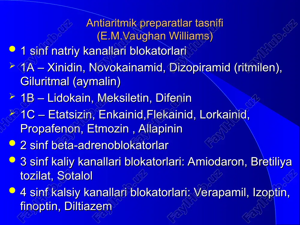 aza). lidokain t repolyarizatsiyani t e z l a sh t i r a d i (faza 3). lidokain, purkine tolalarida: - qo‘zg‘aluvchanlik va o‘tkazuvchanlikni susaytiradi (xinidindan kuchsiz); - avtomatizmni susaytiradi; - xarakat potensiali va effektiv refrakter davr davomiyligini qisqartiradi. lidokainning sinoatrial va atrioventrikulyar tugunlarga ta’siri sinoatrial tugunga lidokain ta’sir ko‘rsatmaydi. atrioventrikulya tugunga kuchsiz tormozlovchi ta’sir etadi. qorinchalar taxiaritmiyasi va ekstrasistoliyasida, xususan, miokard infarktida lidokain eritmasi vena ichiga yuboriladi . atrioventrikulyar o‘tkazuvchanlikni qisman tormozlagani tufayli ii-iii darajali atrioventrikulyar blokadada qarshi ko‘rsatma xisoblanadi. meksiletin lidokaindan farqli ravishda nafaqat vena ichiga balki ichishga xam tavsiya etiladi. difenin yurak glikozidlaridan zaxarlanishda kelib chiquvchi aritmiyalarda yuqori effektiv 1-s sinf purkine tolalariga ta’siri is guruh preparatlari purkine tolalarida tez depolyarizatsiya bosqichi (0-faza) tezligini yaqqol kamaytiradi va 4-fazani sekinlashtiradi, ammo 3-fazaga ta’sir etmaydi shuning uchun bu preparatlar purkine tolalarida qo‘zg‘aluvchanlik va o‘tkazuvchanlikni yaqqol pasaytiradi va bu tolalar avtomatizmini xam susaytiradi. atrioventrikulyar tugunga ta’siri flekainid va propafenon …