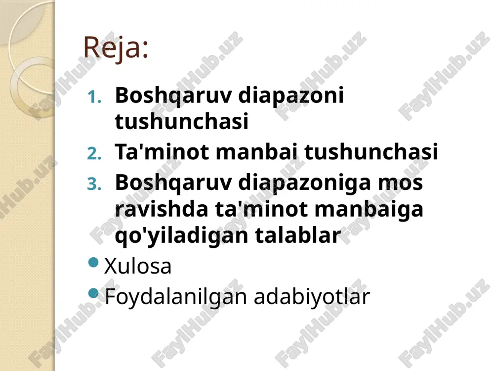 ko'plab omillarga bog'liq bo'lib, ularni quyidagicha tasniflash mumkin: xulosa: boshqaruv diapazoni — bu menejer yoki rahbarga qarashli bo'lgan xodimlar yoki bo'limlar soni. u tashkilotning boshqaruv tuzilmasi va samaradorligiga katta ta'sir ko'rsatadi. boshqaruv diapazoni keng yoki tor bo'lishi mumkin, va har ikkalasining o'ziga xos afzalliklari va kamchiliklari mavjud. keng boshqaruv diapazoni ko'proq xodimlarni boshqarish imkonini beradi va xarajatlarni kamaytiradi, lekin har bir xodimga kamroq e'tibor qaratiladi. boshqaruv diapazoni elektr manbaiga ko'proq yordam va qo'llab-quvvatlashni ta'minlaydi, lekin boshqaruv xarajatlarini oshiradi va qaror qabul qilish jarayonini sekinlashtiradi. boshqaruv diapazoni samaradorligi xodimlarning malakasi, ishning murakkabligi, tashkiliy tuzilma va texnologik vositalardan foydalanishga qarab o'zgaradi. shuning uchun har bir tashkilot o'z ehtiyojlariga mos keladigan boshqaruv diapazonini tanlash orqali samarali boshqaruvni ta'minlashi lozim. foydalanilgan adabiyotlar sultonov, s. (2009). tashkilotlar boshqaruvi. · raxmatov, m. (2012). boshqaruv tizimlari va metodlari. .· nazarov, n. (2015). tashkilotlarda boshqaruv va uning zamonaviy usullari. · baxramov, a. (2017). boshqaruv nazariyasi va amaliyoti. · …
