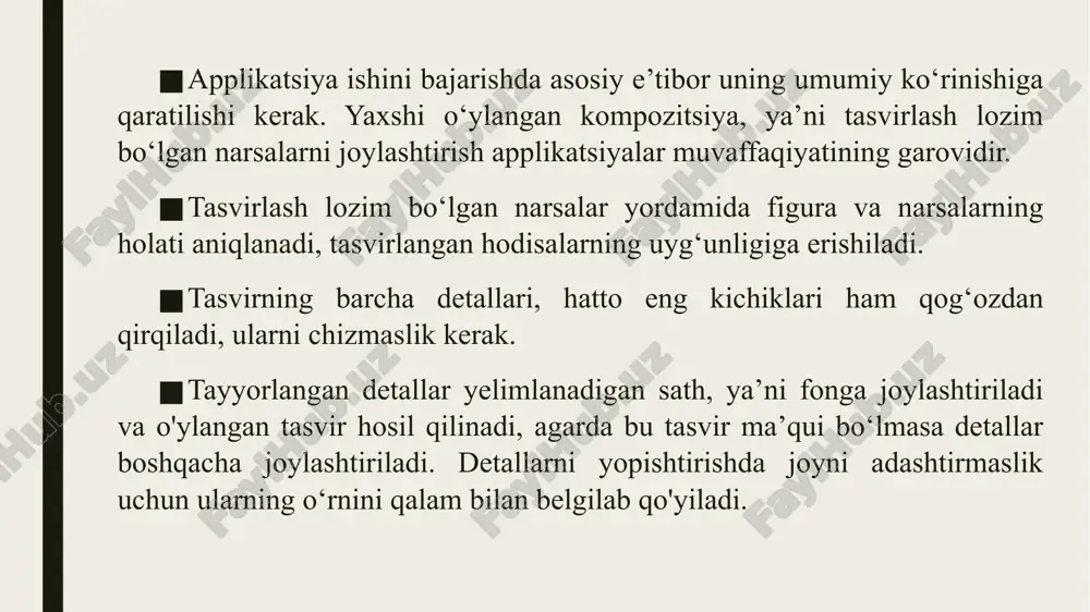 zatilib, tabrik so‘zi yoziladi. ish ijodiy tarzda bo‘lganligi uchun o‘quvchilar gullarni shoxlarga o‘zlari mustaqil joylashtiradilar. barglarni o‘qituvchi tarqatgan andoza bo‘yicha qirqadilar. tabriknomaning ichki tomoni naqsh bilan bezatilib, tabrik so‘zi yoziladi. mozaika monumental dekorativ san’at turlaridan biridir. turli davrlarda va turli mamlakatlarda mozaika qo‘llaniladigan materialiga ko‘ra ham, naqsh va rasmlariga ko‘ra ham o‘ziga xos xususiyatlarga ega bo‘lgan. o’rta osiyo madrasalari, masjidlar, hukmdorlarning saroylari mozaika bilan bezatilgan. mozaika hozirgi kunda monumental san’atga aylangan. mozaika bilan binolarning tashqi qismlari, devorlari va xalq amaliy san’ati asarlari bezatiladi. mozaika ishlarida oyna, sopol plitalaridan foydalaniladi. mohir ustalar rangli ko‘zgu parchalaridan ajoyib mozaika asarlari yaratishadi, ular quyoshda bir-biriga qo‘shilib va porlab, shodlik kayfiyatini yaratadi. mozaika bu rasm sathiga ayrim parchalar (qog‘oz, oyna, sopol, gul tojibarglari, tuxum po'sti va shu kabilar)ni qo‘yib chiqishdir. 1. tuxum po'stidan mozaika ishlarini bajarish uchun yuvib quritilgan tuxum po‘sti mo‘yqalam yordamida akvarel bo‘yoqlari bilan kerakli ranglarga bo‘yaladi. 2. bo‘yoq qurigandan keyin tuxum po‘stini …
