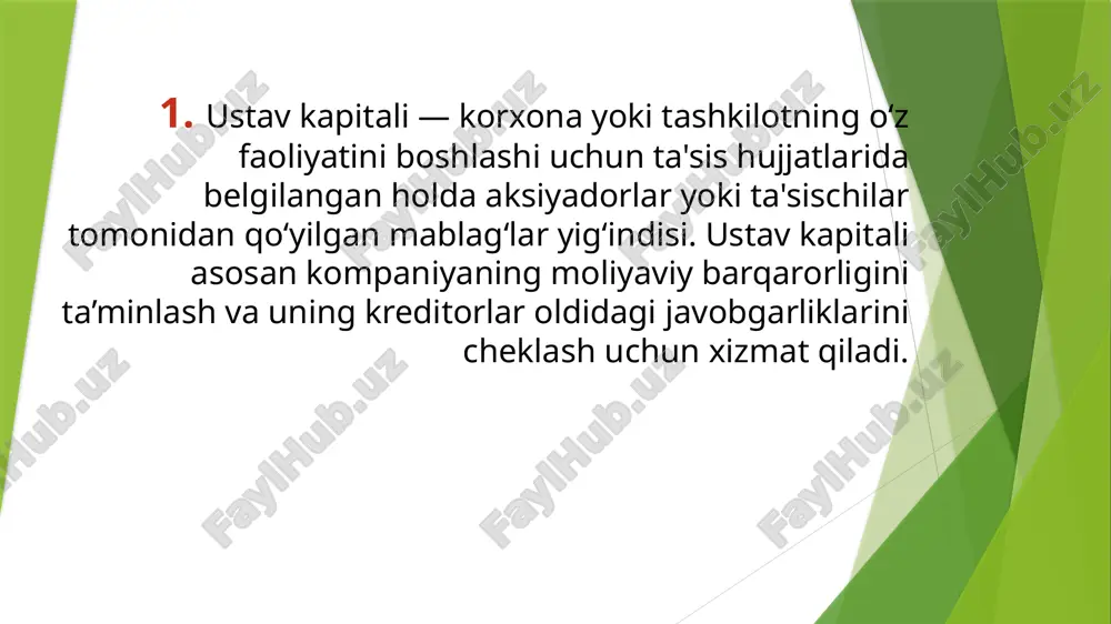 nadi. tavsiyalar: audit natijasiga ko‘ra, ustav kapitalini shakllantirish jarayonidagi kamchiliklarni bartaraf etish bo‘yicha tavsiyalar beriladi. ustav kapitali shakllanishini ichki auditdan o‘tkazish quyidagi bosqichlarni o‘z ichiga oladi: 1. auditorlik rejasi va tayyorgarlik audit jarayoni uchun dastlabki reja tuziladi. audit qilish uchun kerakli hujjatlar, moliyaviy hisobotlar va balanslar so‘rab olinadi. 2. huquqiy asoslarni tekshirish ustav kapitalining shakllantirilishi kompaniya nizomi va qonunchilikka muvofiq ekanligini tekshirish. kapitalning tashkil qilinishi, ulushlar ajratilishi va ro‘yxatdan o‘tish jarayonidagi qonunchilik talablari bajarilganini tasdiqlash. 3. moliyaviy ma’lumotlarni tahlil qilish aksiya, hissadorlik yoki boshqa kapital manbalari orqali ustav kapitalining to‘g‘ri shakllantirilganligini tekshirish. har bir ulush yoki hissadorlik to‘lovi to‘g‘ri ko‘rsatilganligini aniqlash. 4. hisoblarni tekshirish bank hisoblari orqali ustav kapitaliga tushgan mablag‘larning to‘liq tushganini tekshirish. moliyaviy operatsiyalarni solishtirib ko‘rish: ularni kompaniyaning buxgalteriya tizimida aks ettirilishini nazorat qilish. 5. akt va hisobot tayyorlash audit natijalariga ko‘ra, topilgan kamchiliklar va xatolar haqida hisobot yozish. agar ustav kapitali shakllantirilishida kamchiliklar topilsa, ularni bartaraf etish …