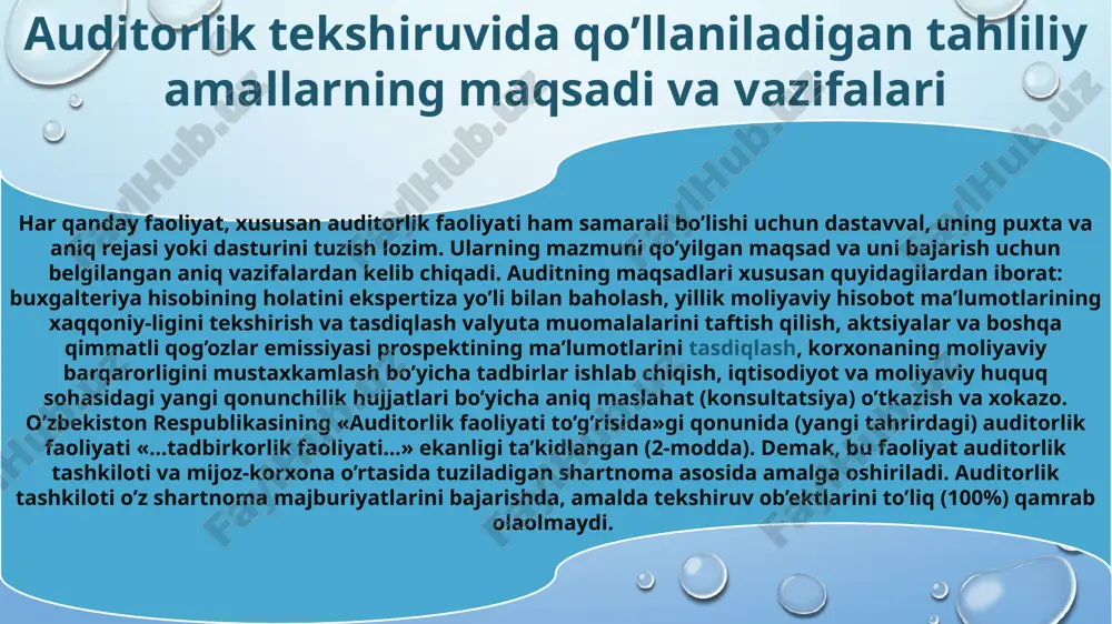 lumotlari bilan solishtirish. moliyaviy hisobot ko‘rsatkichlarining vaqt o‘tishi bilan o‘zgarishini va ular bilan bog‘liq bo‘lgan nisbiy koeffitsiyentlar tahlili. tahliliy amallar mazmuni tahliliy tartib-taomillarni qo‘llanishi tahlil etilayotgan ko‘rsatkichlar o‘rtasidagi sababiy-oqibat aloqaning mavjudligiga asoslanadi. tahliliy tartib-taomillarning maqsadlari bo‘lib quyidagilar hisoblanadi: xo‘jalik faoliyatida mumkin bo‘lgan risklar sohasini belgilovchi g‘ayrioddiy yoki noto‘g‘ri aks ettirilgan faktlar va natijalarning mavjudligi yoki mavjud emasligini aniqlash; xo‘jalik yurituvchi subyekt faoliyatini o‘rganish; moliyaviy hisobotni buzilishi faktlarini aniqlash; batafsil auditorlik tartib-taomillar sonini qisqartirish; yuzaga kelgan savollarga javob olish maqsadida testdan o‘tkazishni ta’minlash. tahliliy tartib-taomillarni qo‘llash: auditorga auditni rejalashtirishda mijozni yaxshiroq tushunish va buxgalteriya balanslarini tekshirish orqali audit riski darajasini belgilash imkoniyatini beradi. boshqa auditorlik tartib-taomillar soni va hajmini qisqartirishga imkon beradi. auditorga audit vaqtida uning asoslangan malakali fikrini shakllantirishga yordam beradi. .qo‘shimcha auditorlik tartib-taomillarini talab etuvchi tekshiruv sohalarini aniqlab berishi mumkin bo‘lgan moliyaviy muammolarning hisobotda mavjudligini so‘nggi tekshirish vazifasini bajaradi. tahliliy tartib-taomillar auditning butun jarayoni davomida bajariladi. tahliliy tartib-taomillarni qo‘llash …