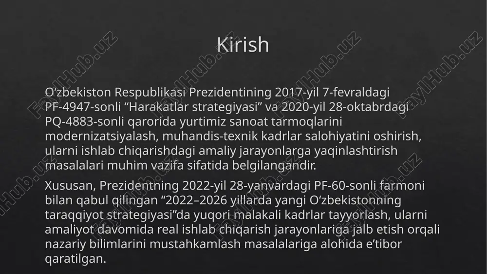 organi tanlandi. birinshi sertifikasion audit 2012- yil davomida tayinlandi va audit natijalariga ko‘ra shu yilning 26- noyabr kuni “uz-hanwoo” ko‘shma korxonasiga iso/ts 16949:2009 xamda iso 9001:2008 xalkaro sertifikati takdim etilibdi. trim pres (kesish) kdcp 100-dastgoxini haqida umumiy maʼlumotlar va ishlash prinsipi va undagi muammolar va ularni bartaraf etish usullari. trim press (kesish pressi) — bu materiallarni kesish yoki shakllantirish uchun ishlatiladigan mashina turi bo‘lib, u asosan turli sanoat tarmoqlarida qo‘llaniladi. kesish pressi turli xil ishlab chiqarish jarayonlarida ishlatiladi, masalan, avtomobil sanoatida, metall ishlab chiqarishda, qadoqlashda, va boshqa ko‘plab sohalarda. trim pressining asosiy vazifasi — materialni shakllantirish va kesish orqali mahsulotni kerakli o‘lchamlarda olishdir. trim pressining asosiy qismlari va ularning o‘lchamlari, shuningdek, ishlash printsipi ham har xil ishlab chiqarish ehtiyojlariga qarab o‘zgaradi. bu turdagi presslar odatda asosan uchta asosiy qismdan iborat bo‘ladi: ramka, press uskunasi (press-to‘p), va vosita tizimi. trim pressining ramkasi mashinaning asosiy strukturalaridan biridir va uning mustahkamligi, chidamliligi va …