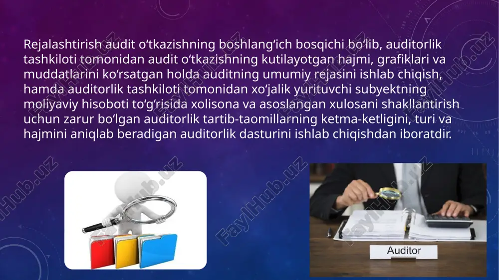 bir axborotlar unchalik ham to’g’ri bo’lmaydi. ammo bu bilan hisobot to’lig’icha noto’g’ri va real holatni ifodalamaydi degan fikrga bormaslik kerak. nazorat vositalarini testlash tartibi moliya-xo’jalik operatsiyalari o’tkazishini aks ettiradigan hujjatlari tekshirish va shu munosabat bilan nazorat vositalari tegishli tarzda faoliyat ko’rsatishining auditorlik dalilisbotlarini olish buning to’g’ridan-to’g’ri hujjatli tasdig’ini olish mumkin bo’lmagan hollarda nazorat vositalari faoliyat ko’rsatishining auditorlik dalil-isbotlarini olish maqsadida operatsiyalarni rasmiylashtirish ustidan kuzatishlar va so’rov o’tkazish nazorat vositalari ish qobiliyati to’g’risidagi ma’lumotlarni olish uchun boshqa auditorlik rusumqoidalari natijalaridan foydalanish aniqlanmaslik tavakkalchiliklari - auditor tomonidan bir tomonlama aniqlanadigan u qo’llayotgan auditning taomillari buxgalteriya hisobi hamda moliyaviy hisobotda haqiqiy, alohida yoki birgalikda muhim xarakterga ega bo’lgan xatolar va buzib ko’rsatishlarni aniqlashga ruxsat bermasligining ehtimolini bildiradi. e’tiboringiz uchun rahmat. image2.png image3.png image4.png image5.png image6.png image7.png image8.gif image9.png image10.gif image11.png image12.gif /docprops/thumbnail.jpeg
